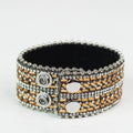 Rhinestone & Baguette Stripes Genuine Leather Snap Bracelet