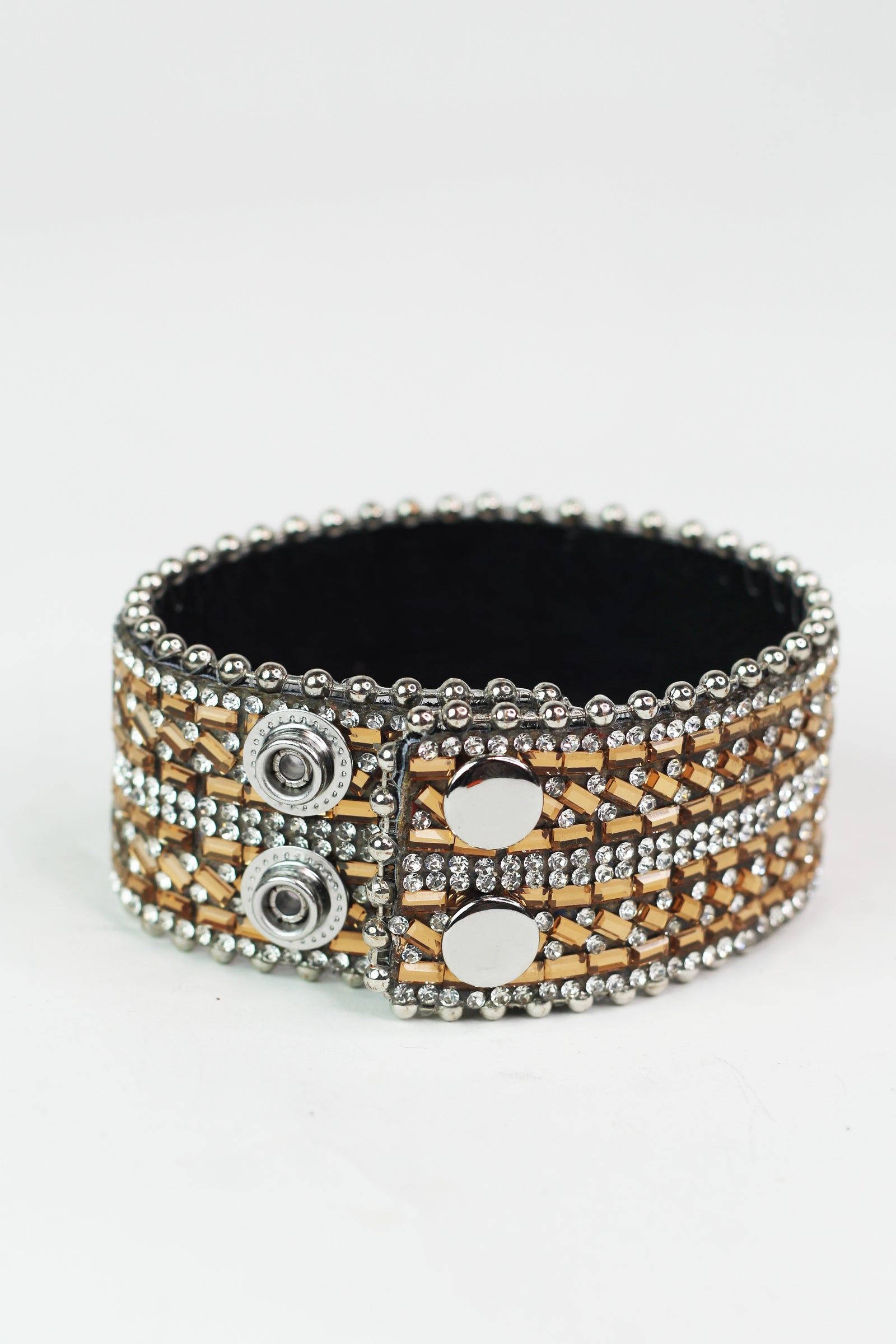 Rhinestone & Baguette Stripes Genuine Leather Snap Bracelet