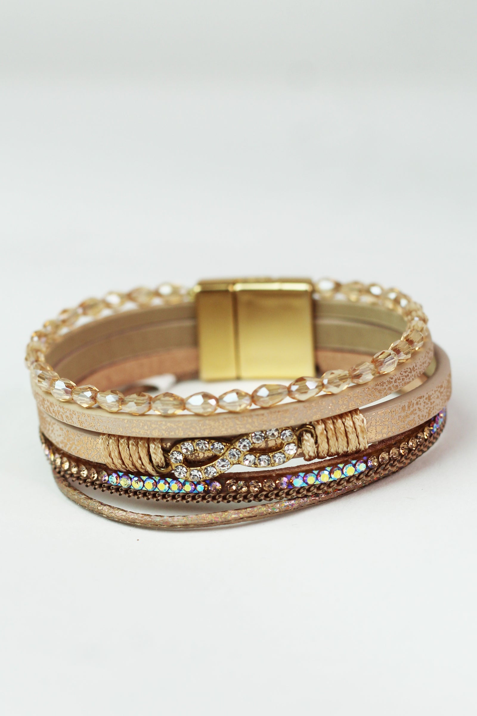Thin Barrel Beads Stones Strips & Pave Infinity Magnetic Bracelet