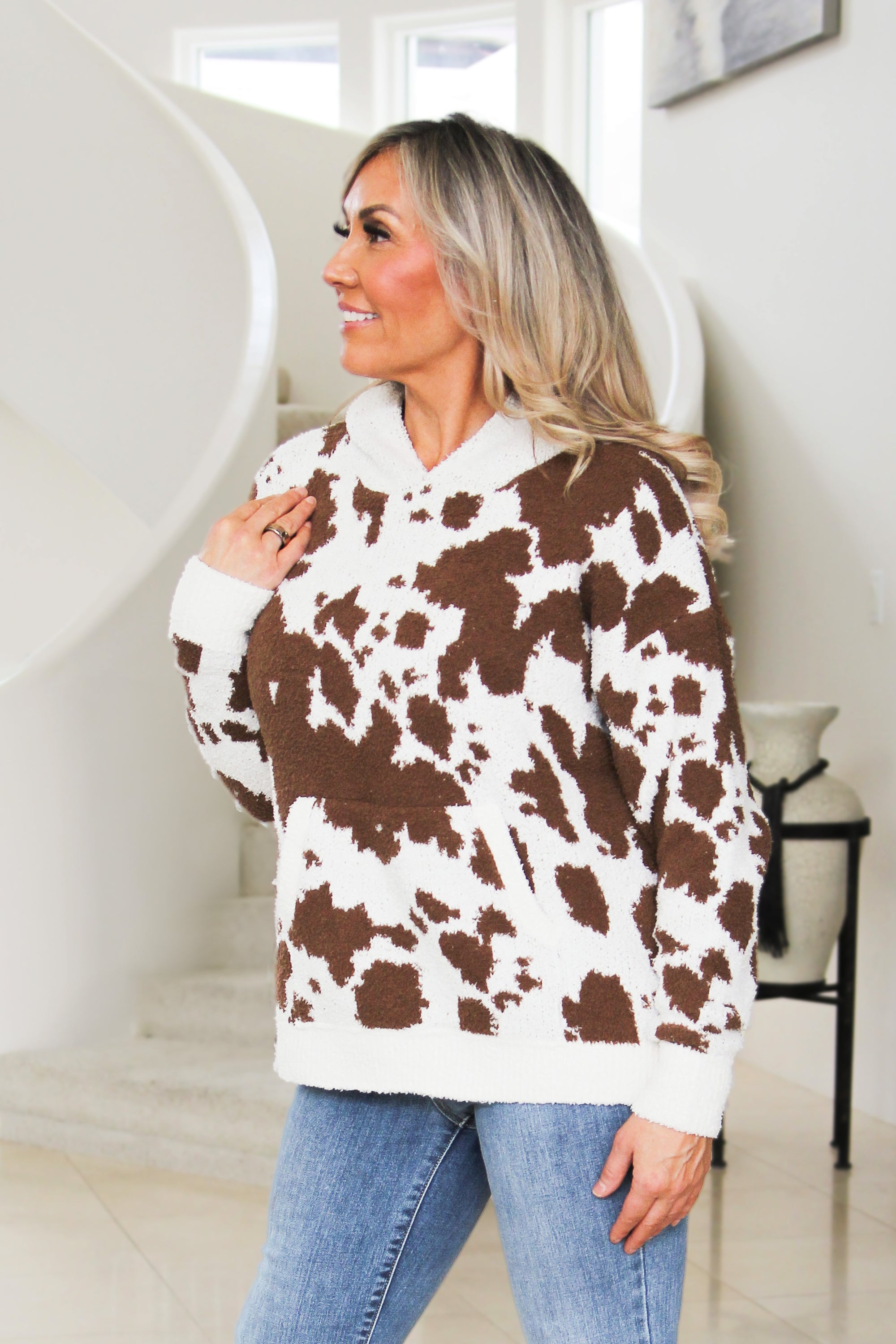 Cow Print Pull Over Hoodie w/ Front Pocket