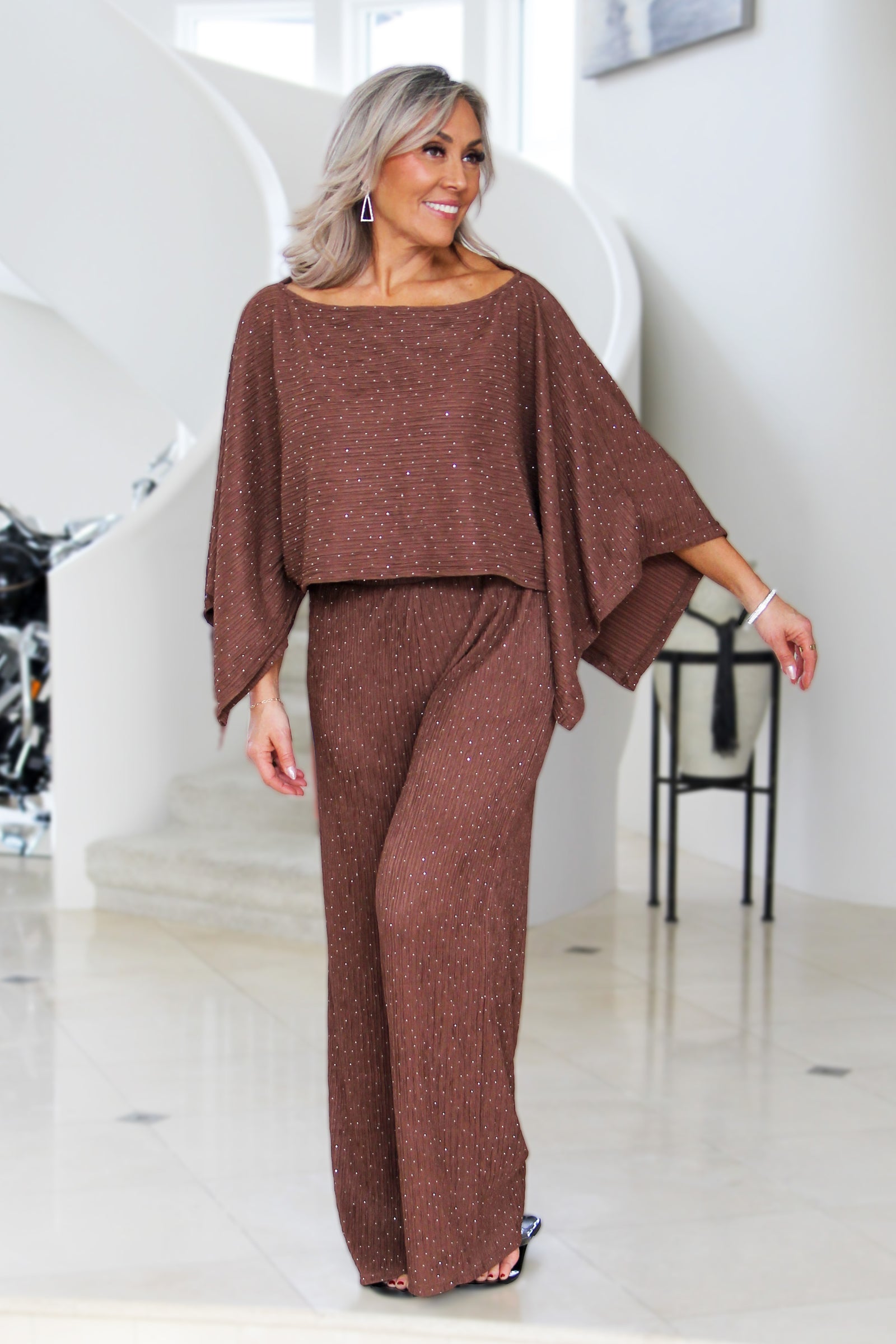 Crinkled Rhinestone Cropped Kimono & Elastic Waist Wide Leg Pants Set