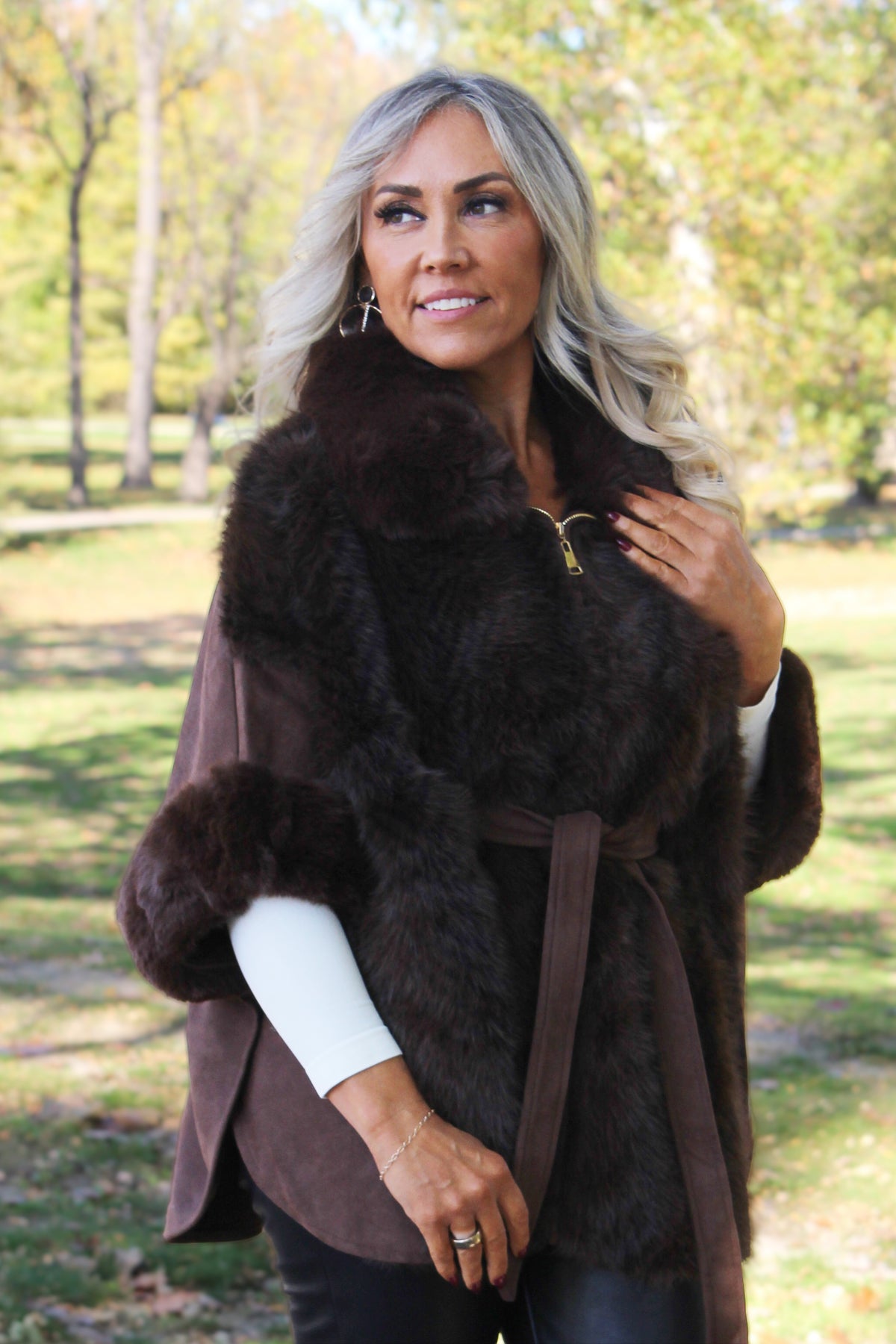 Faux Fur & Faux Suede Zip & Belted Cape
