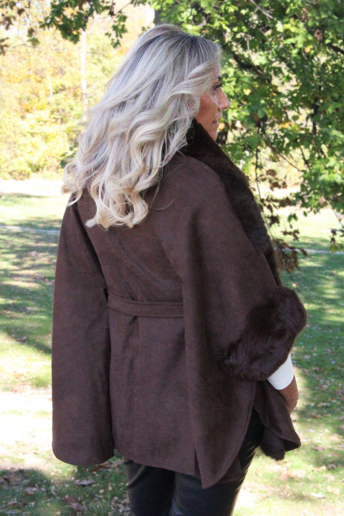 Faux Fur & Faux Suede Zip & Belted Cape