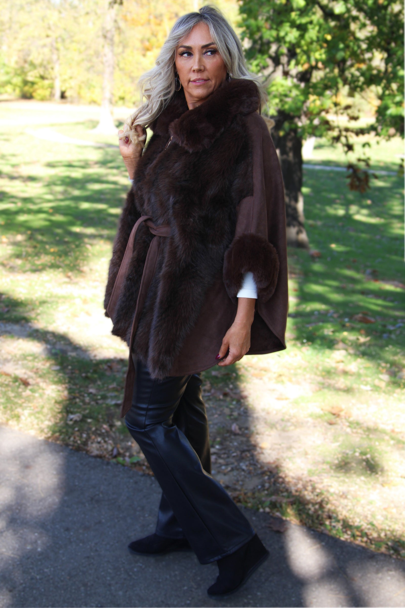 Faux Fur & Faux Suede Zip & Belted Cape