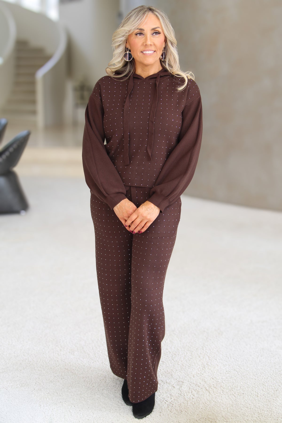 Fine Knit Hoodie & Pants Set w/ Stone Accents