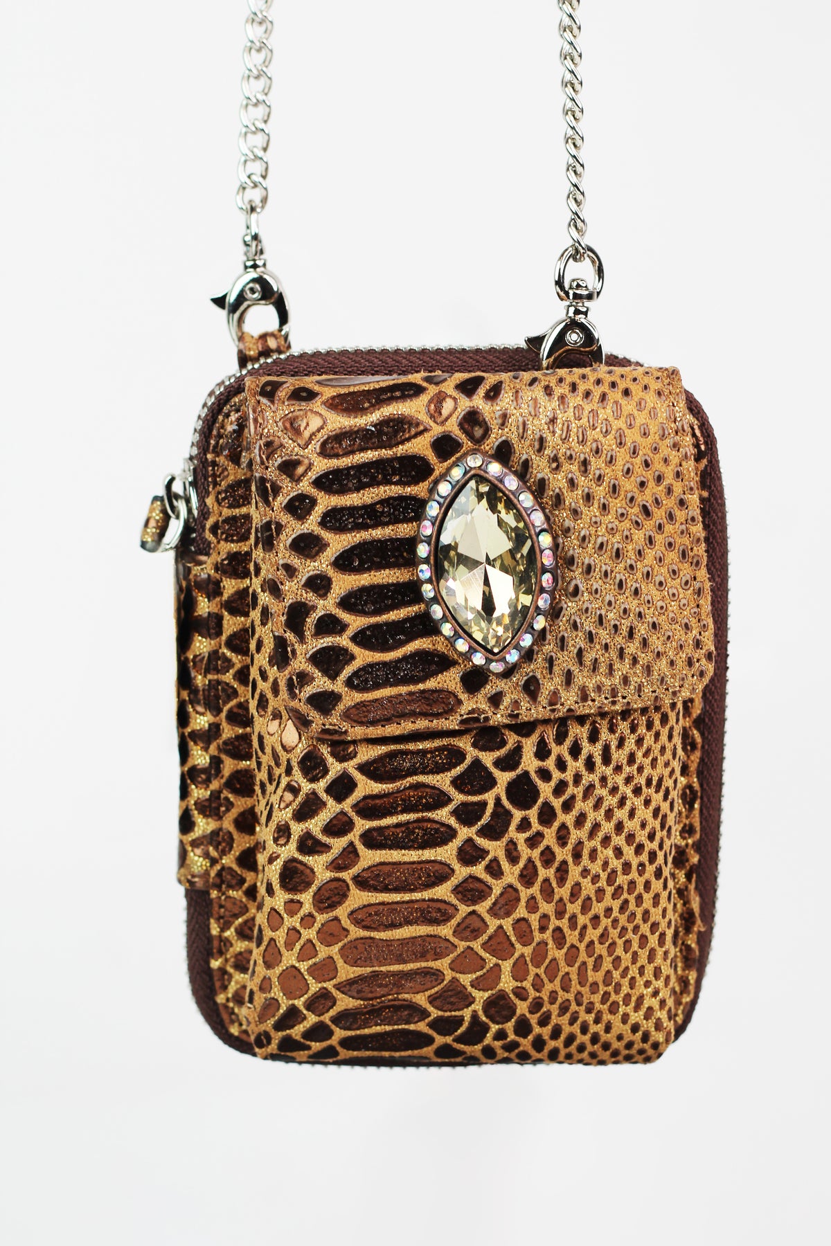 Faux Reptile Print Crossbody Zip Wallet w/ Front Stone