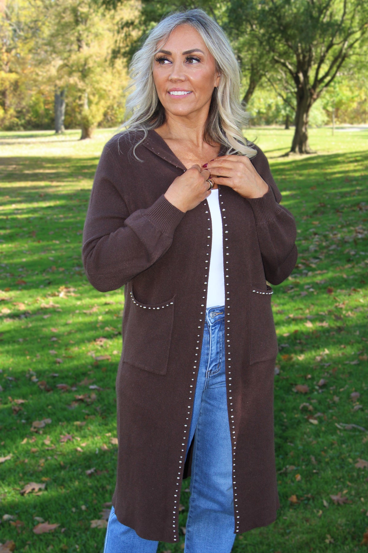 Open Long  Knit Cardigan W/ Studs