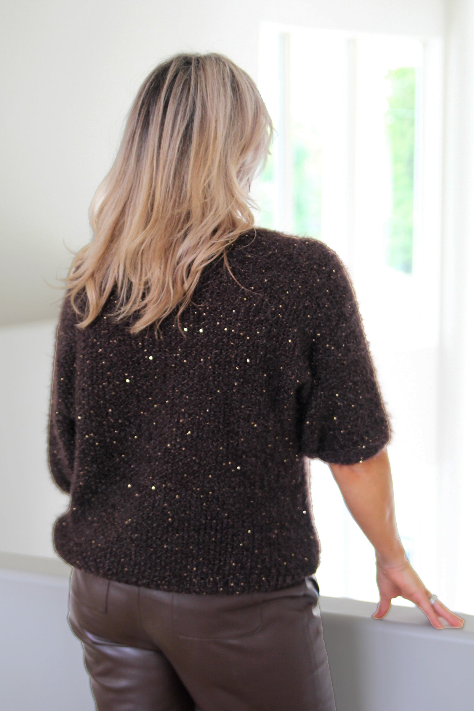 Short Sleeve Fluffy Sweater w/ Sequin Accents