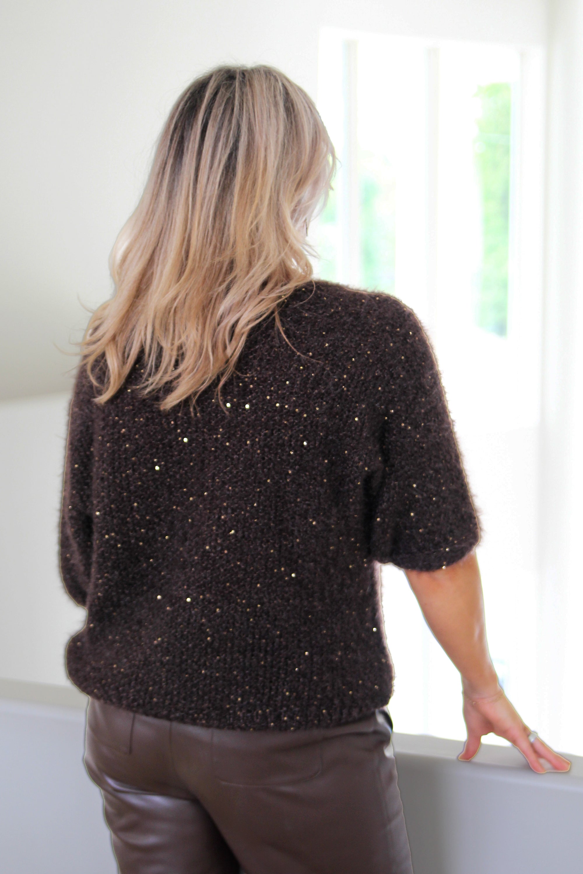 Short Sleeve Fluffy Sweater w/ Sequin Accents