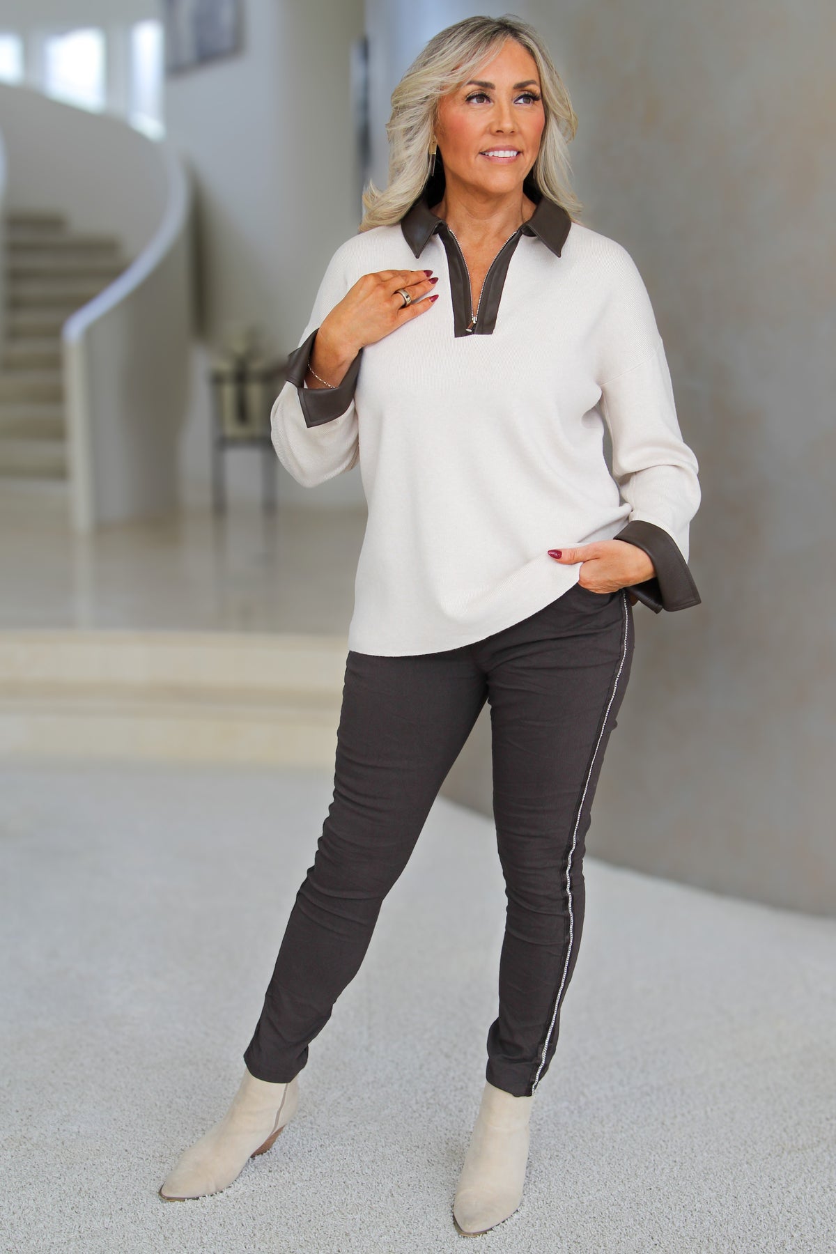 Quarter Zip Knit Polo Sweater w/ Faux Leather Trim