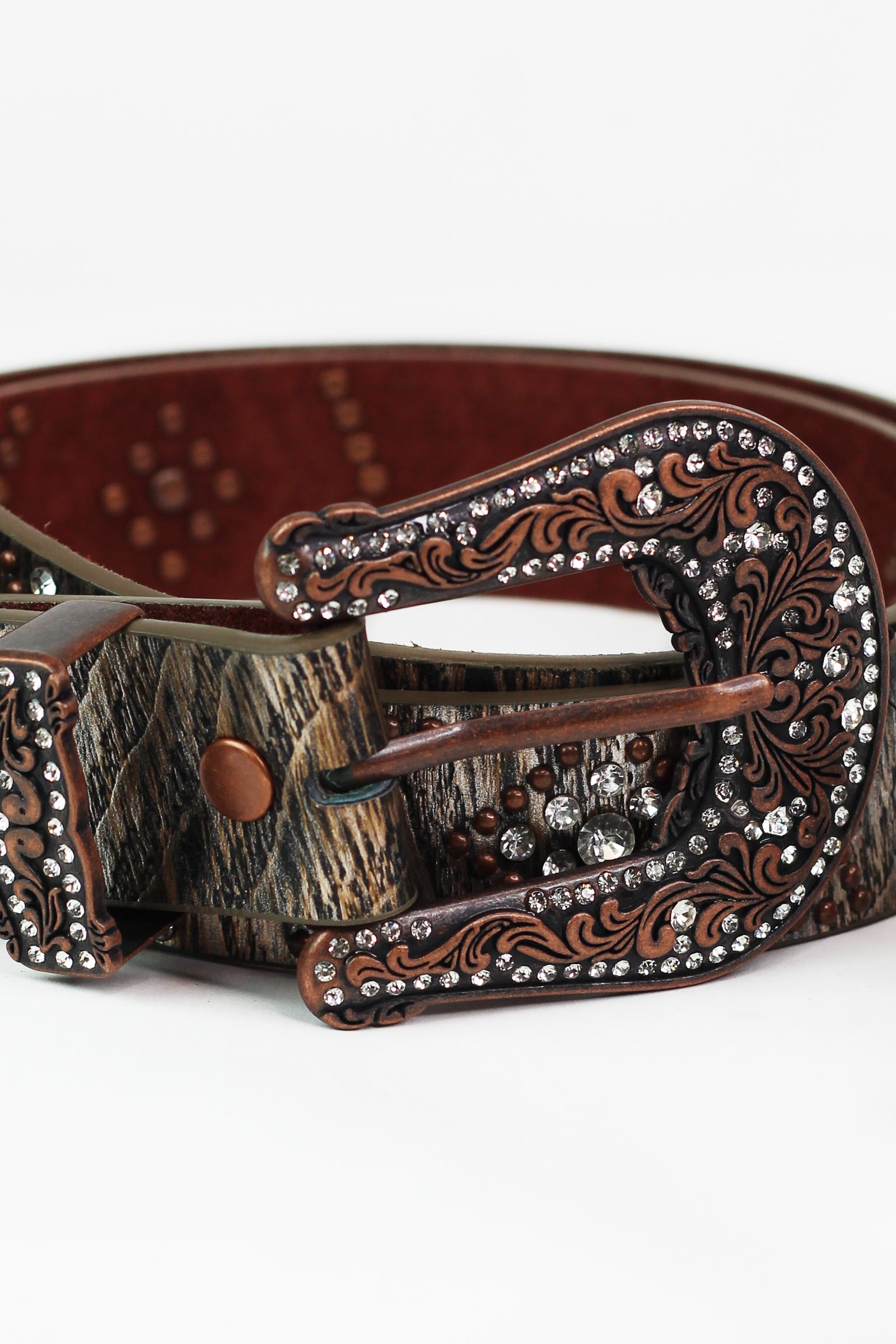 Genuine Leather Belt w/ Large Buckle & Rhinestone & Stud Accents