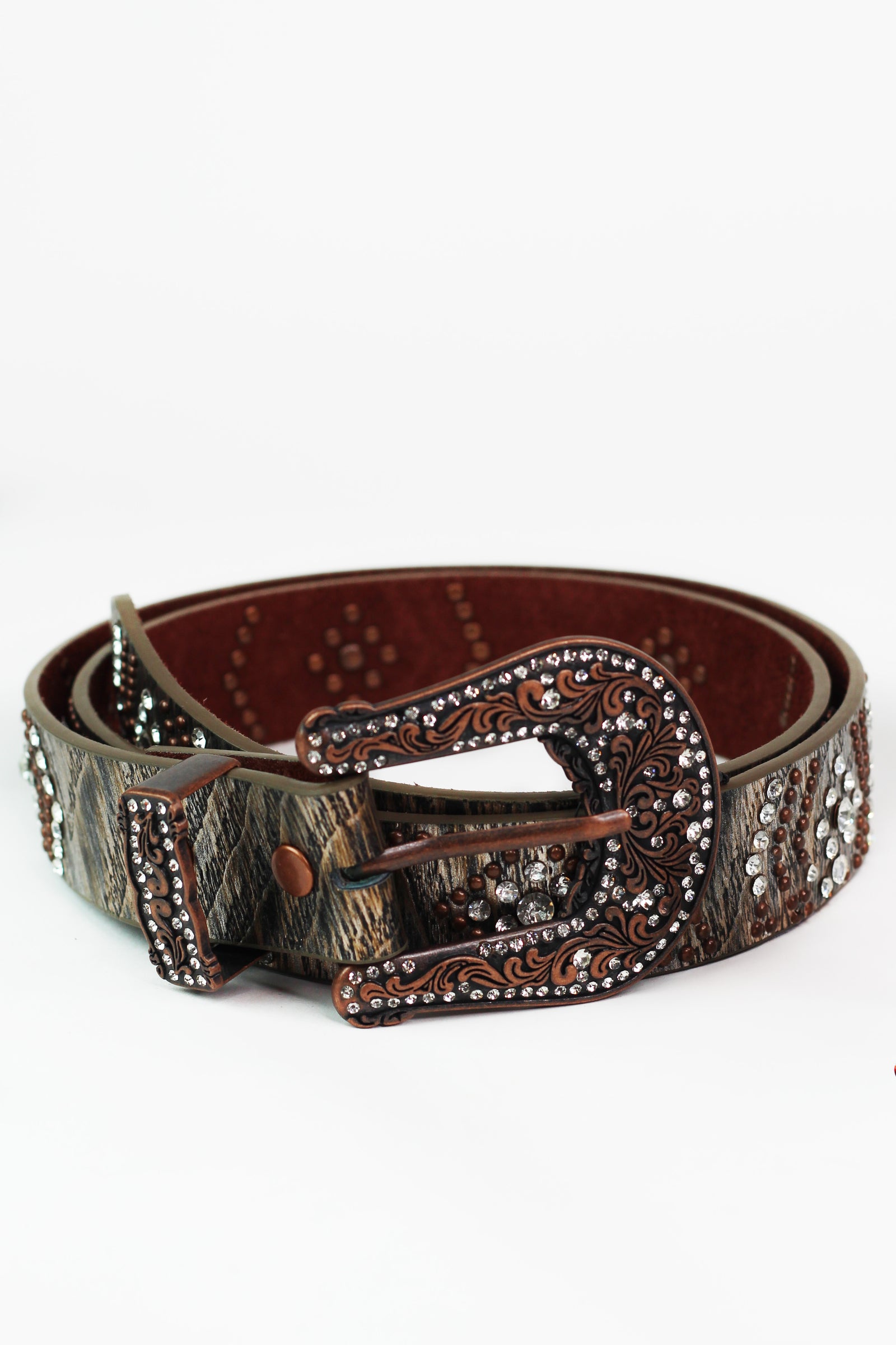 Genuine Leather Belt w/ Large Buckle & Rhinestone & Stud Accents