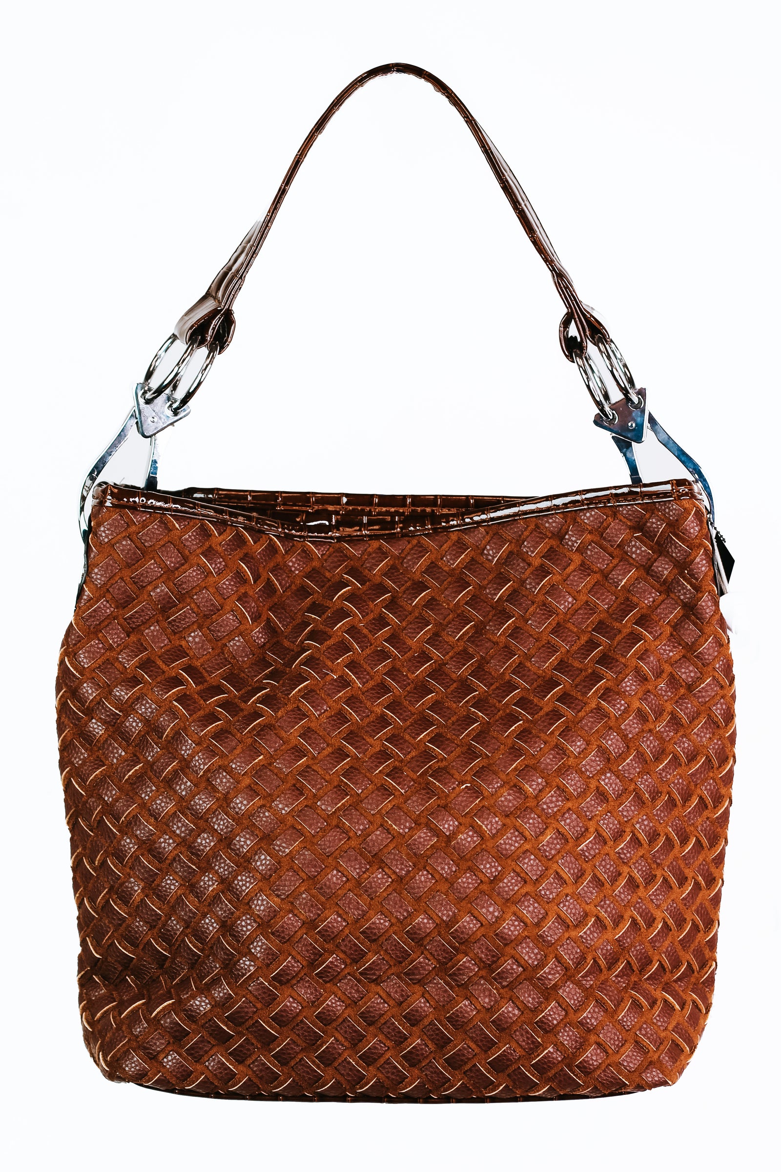 Rhinestone Front Purse w/ Woven Back & Faux Patent Leather Accents