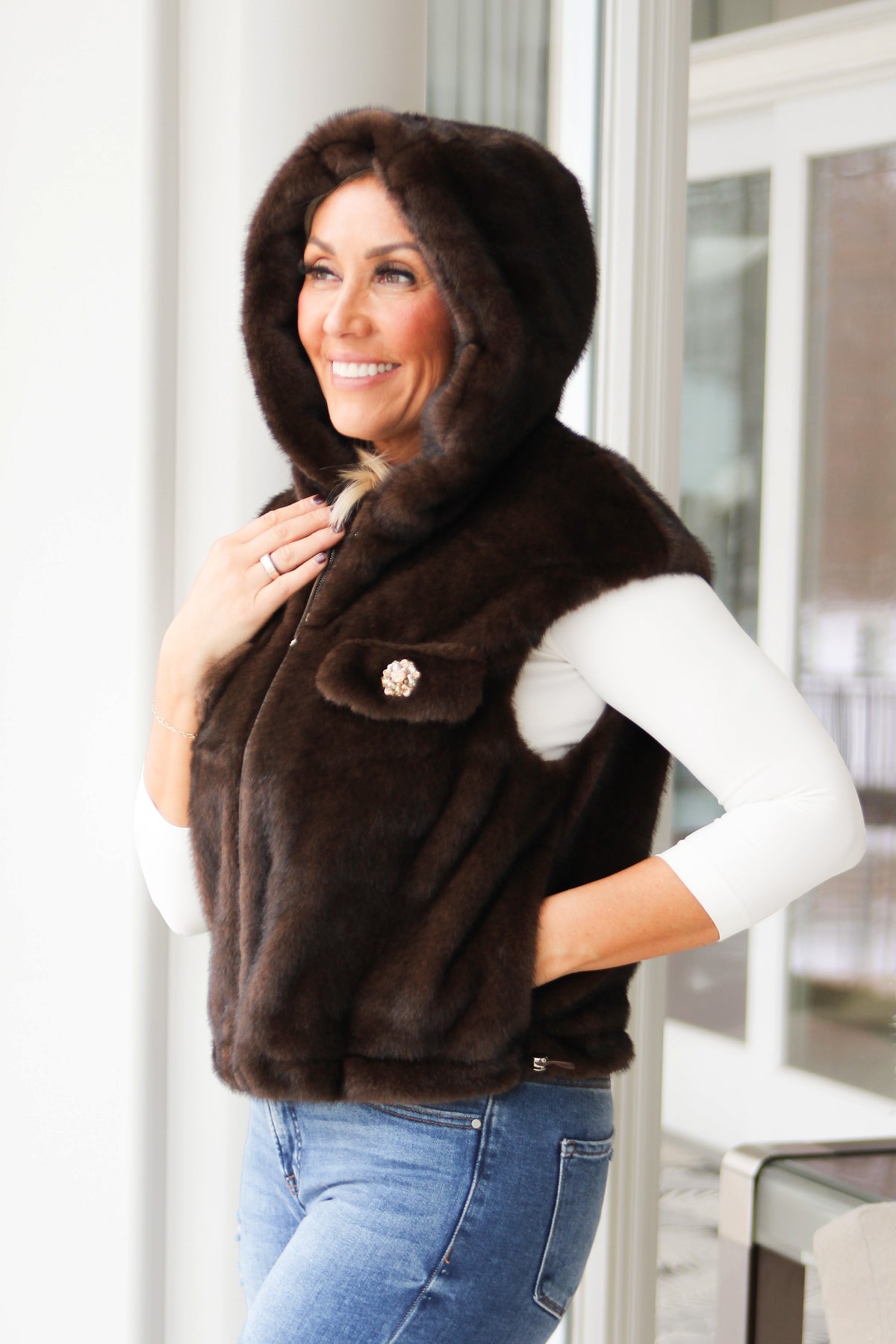Faux Fur Vest Hoodie w/ Rhinestone Button