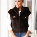 Faux Fur Vest Hoodie w/ Rhinestone Button