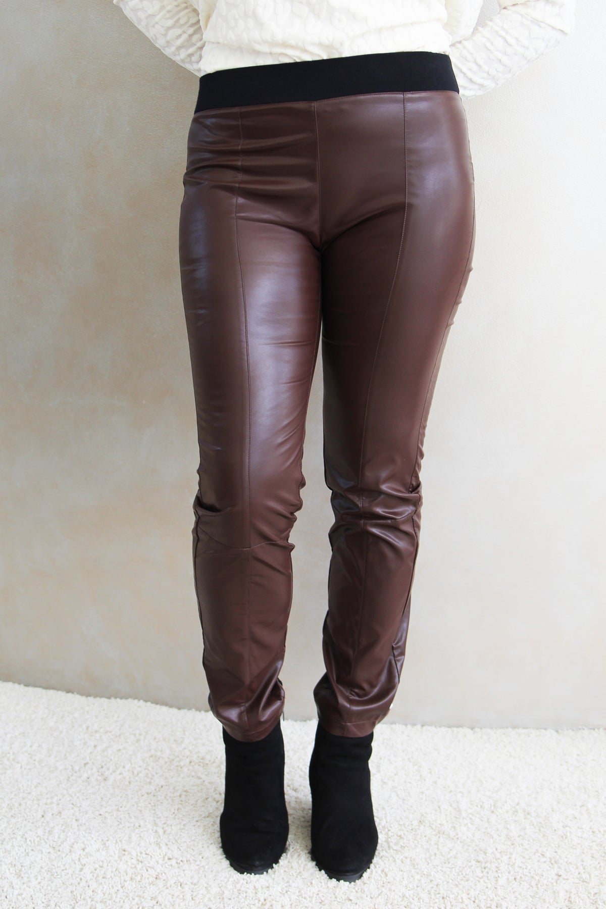 Ribbed Waist Faux Leather Leggings