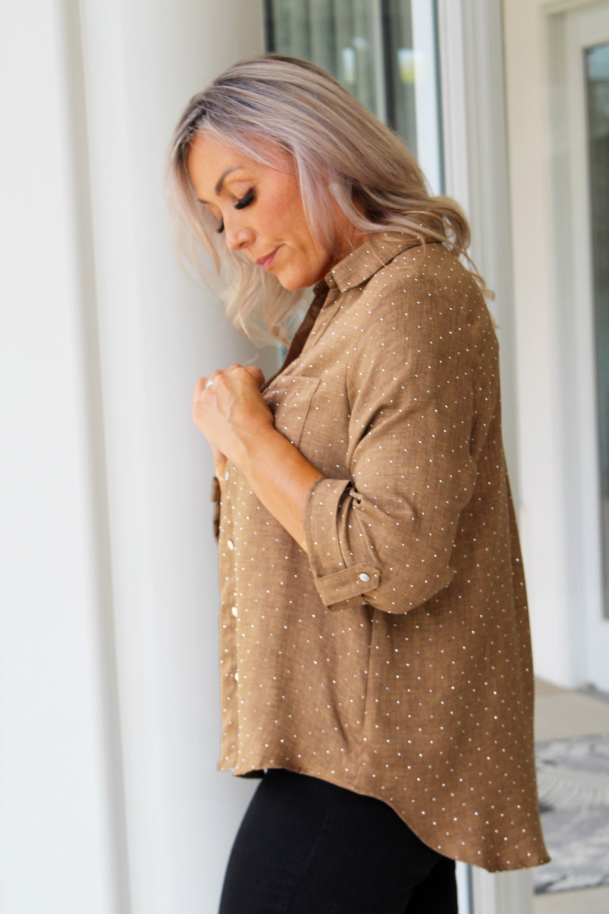 Rhinestone Covered Button Down Shirt w/ Sleeve Tabs