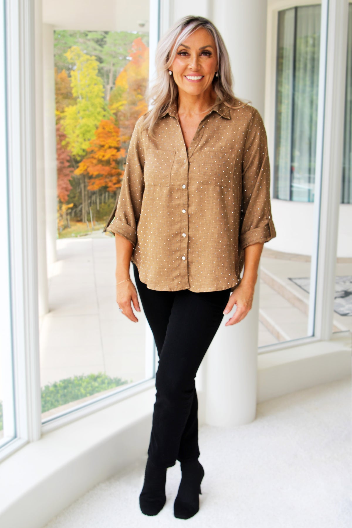 Rhinestone Covered Button Down Shirt w/ Sleeve Tabs