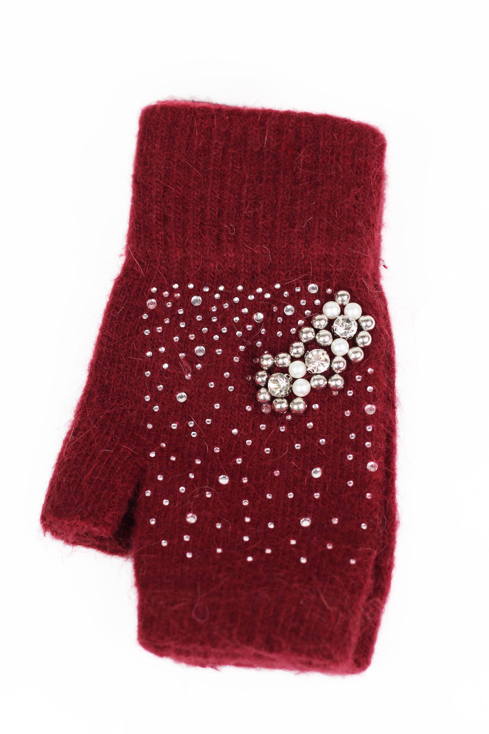 Fingerless Gloves w/ Scattered Rhinestones & Pearl Cluster