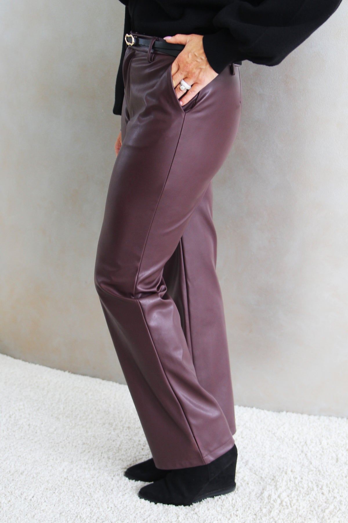 Straight Leg Faux Leather Pants & Belt w/ Gold Buckle