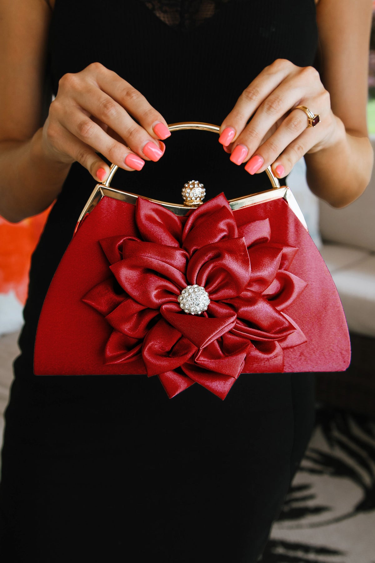 Satin Evening Bag w/ Large Satin Flower &amp; Rhinestone Accents