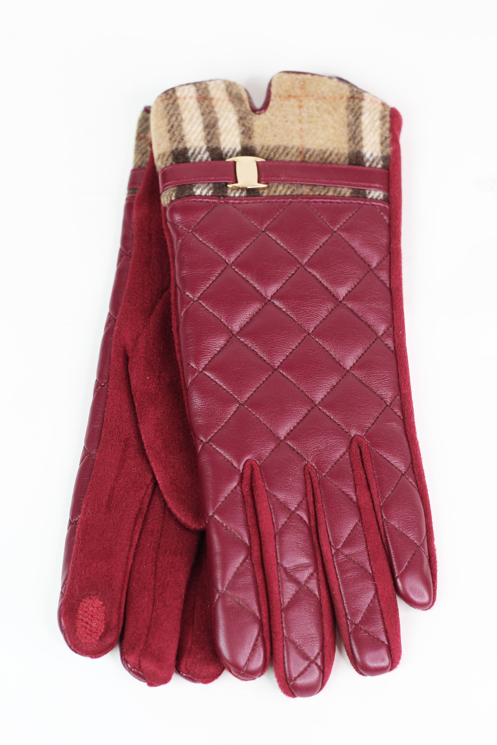 Quilted Faux Leather Gloves w/ Plaid Trim