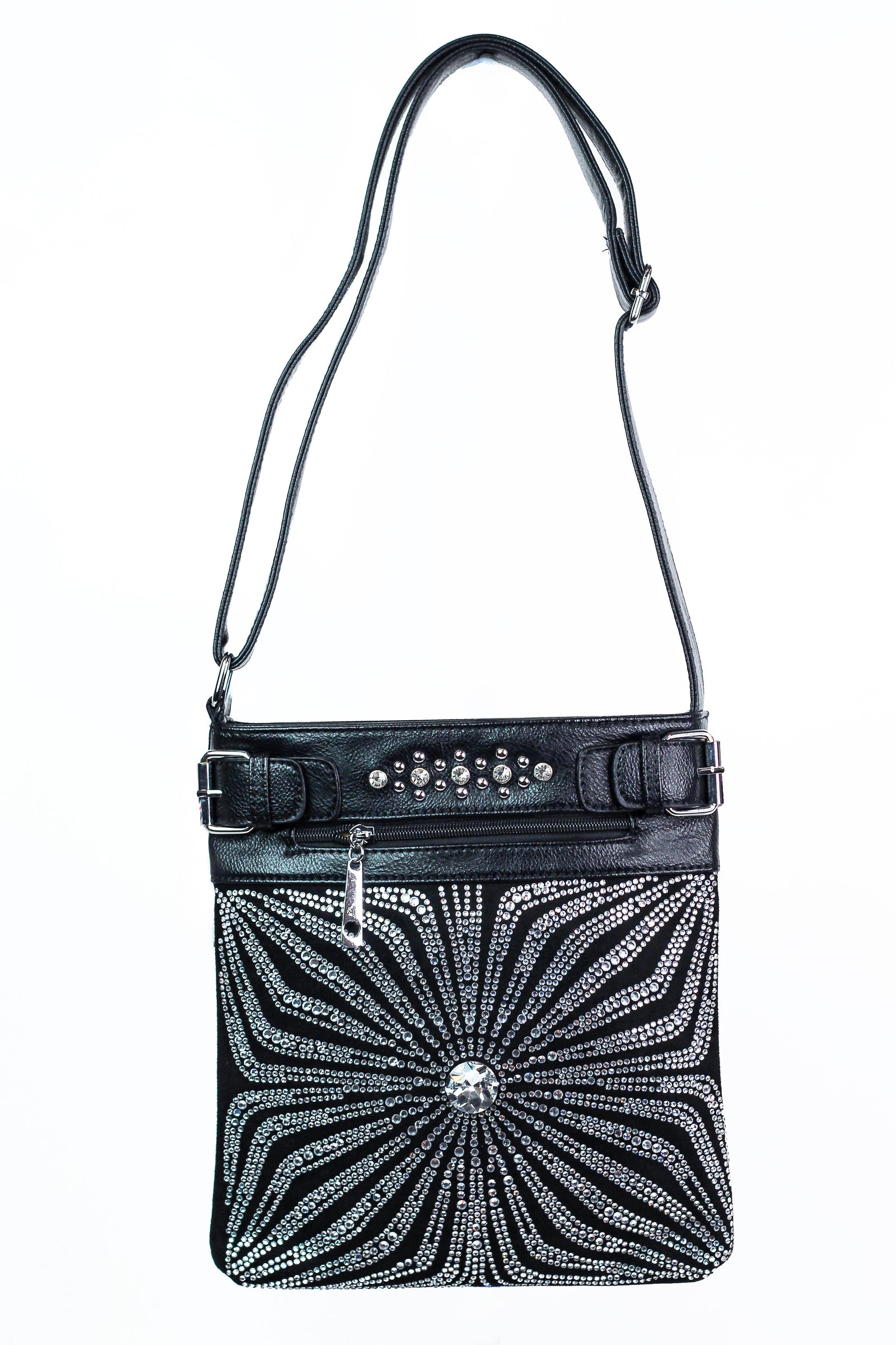 Sunburst Around Large Center Stone Rhinestone Messenger Purse