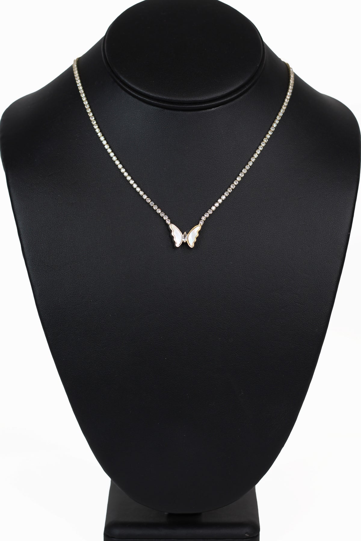 Rhinestone Tennis Necklace w/ Mother of Pearl Butterfly Center