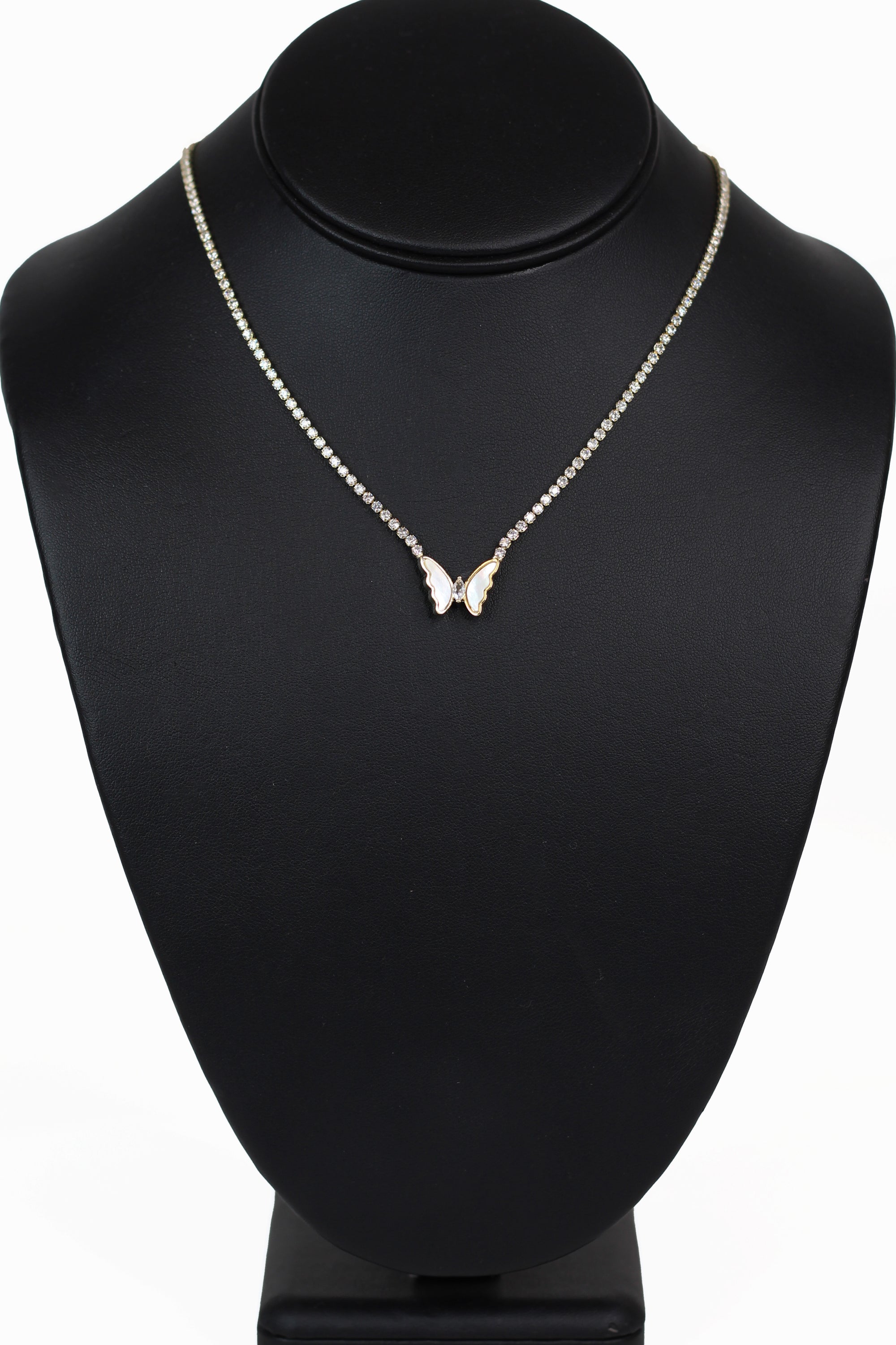 Rhinestone Tennis Necklace w/ Mother of Pearl Butterfly Center