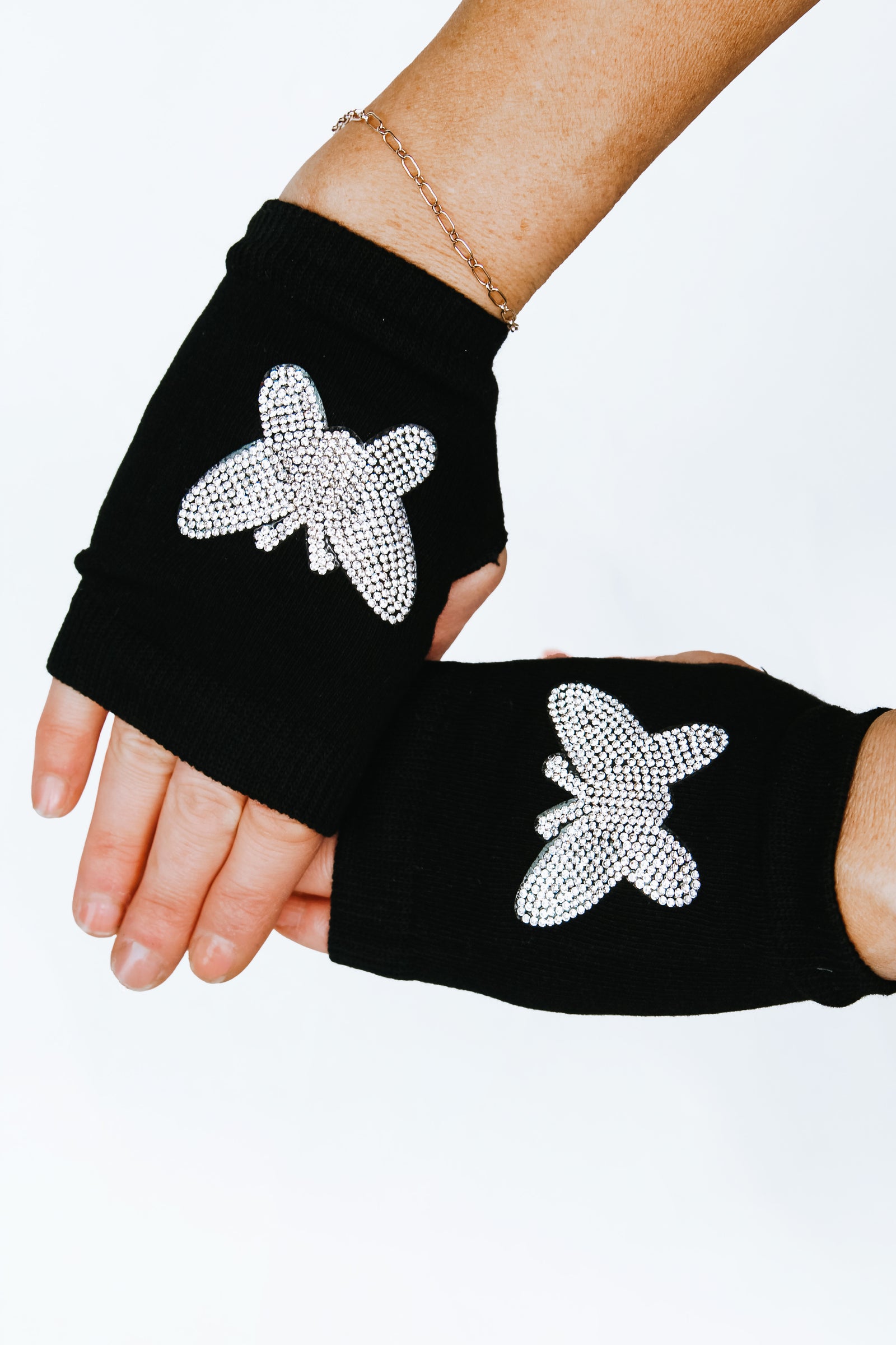 Rhinestone Butterfly Fingerless Gloves