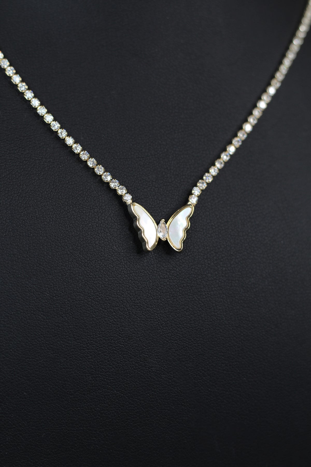 Rhinestone Tennis Necklace w/ Mother of Pearl Butterfly Center