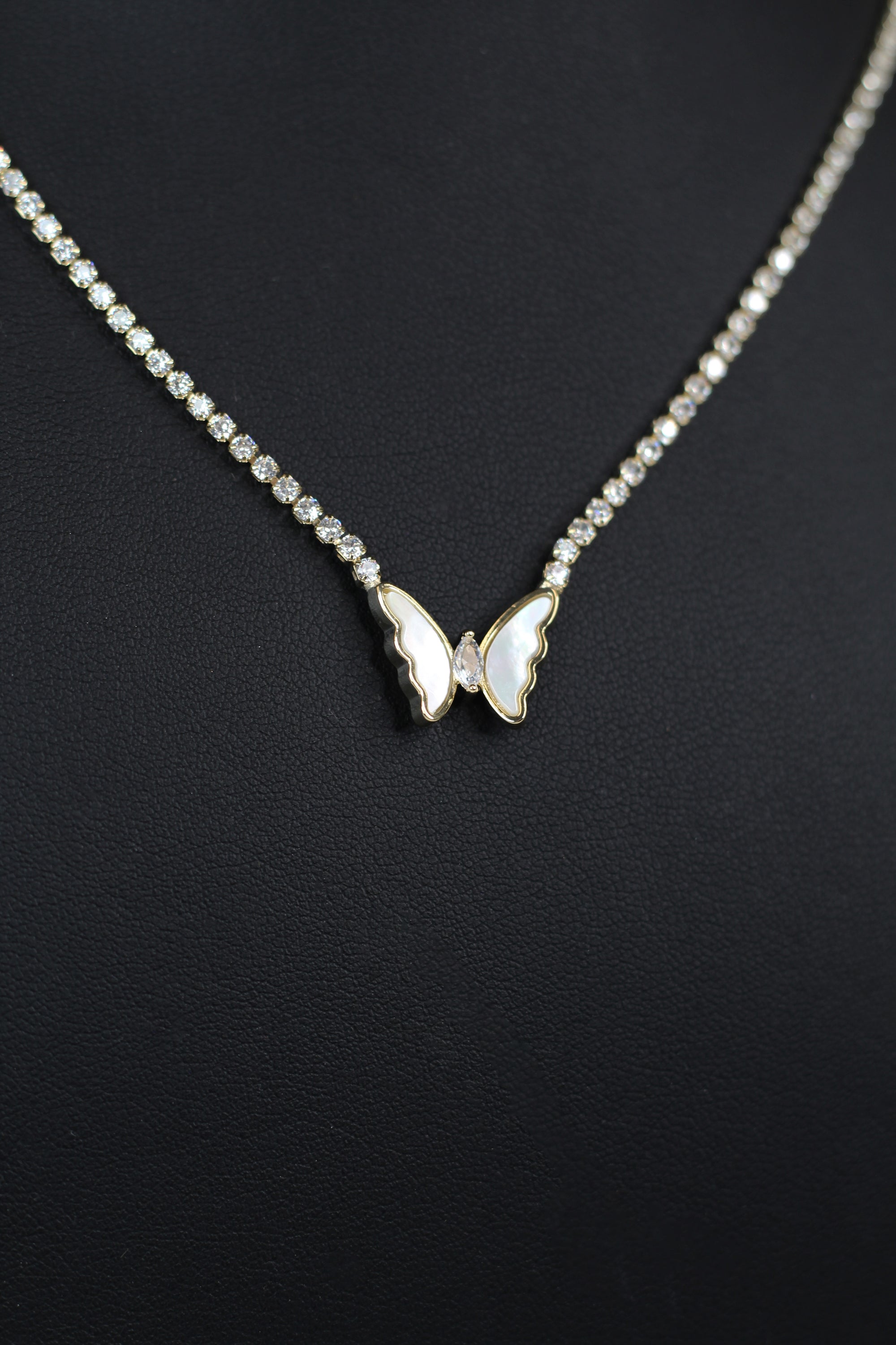 Rhinestone Tennis Necklace w/ Mother of Pearl Butterfly Center