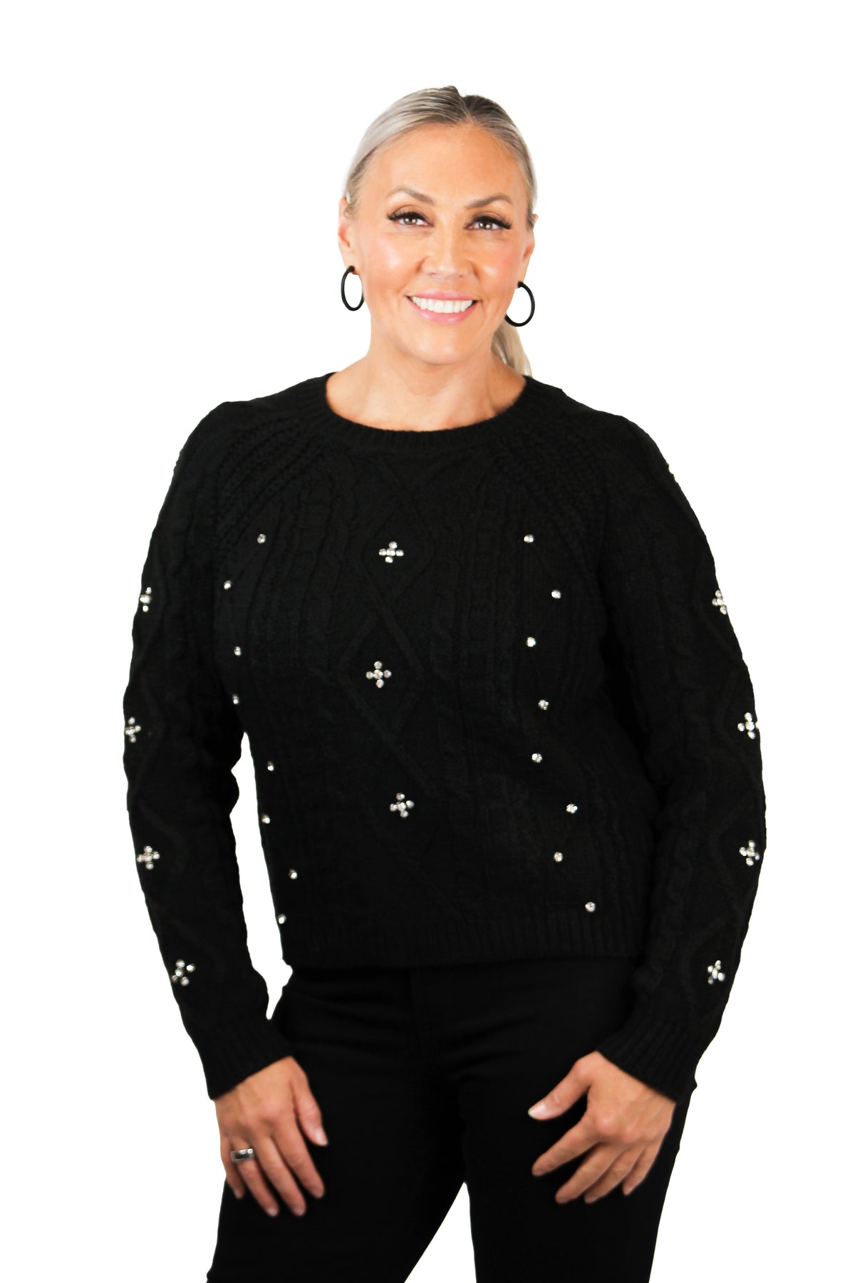Long Sleeve Cable Knit Sweater w/ Rhinestone Detail