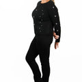 Long Sleeve Cable Knit Sweater w/ Rhinestone Detail