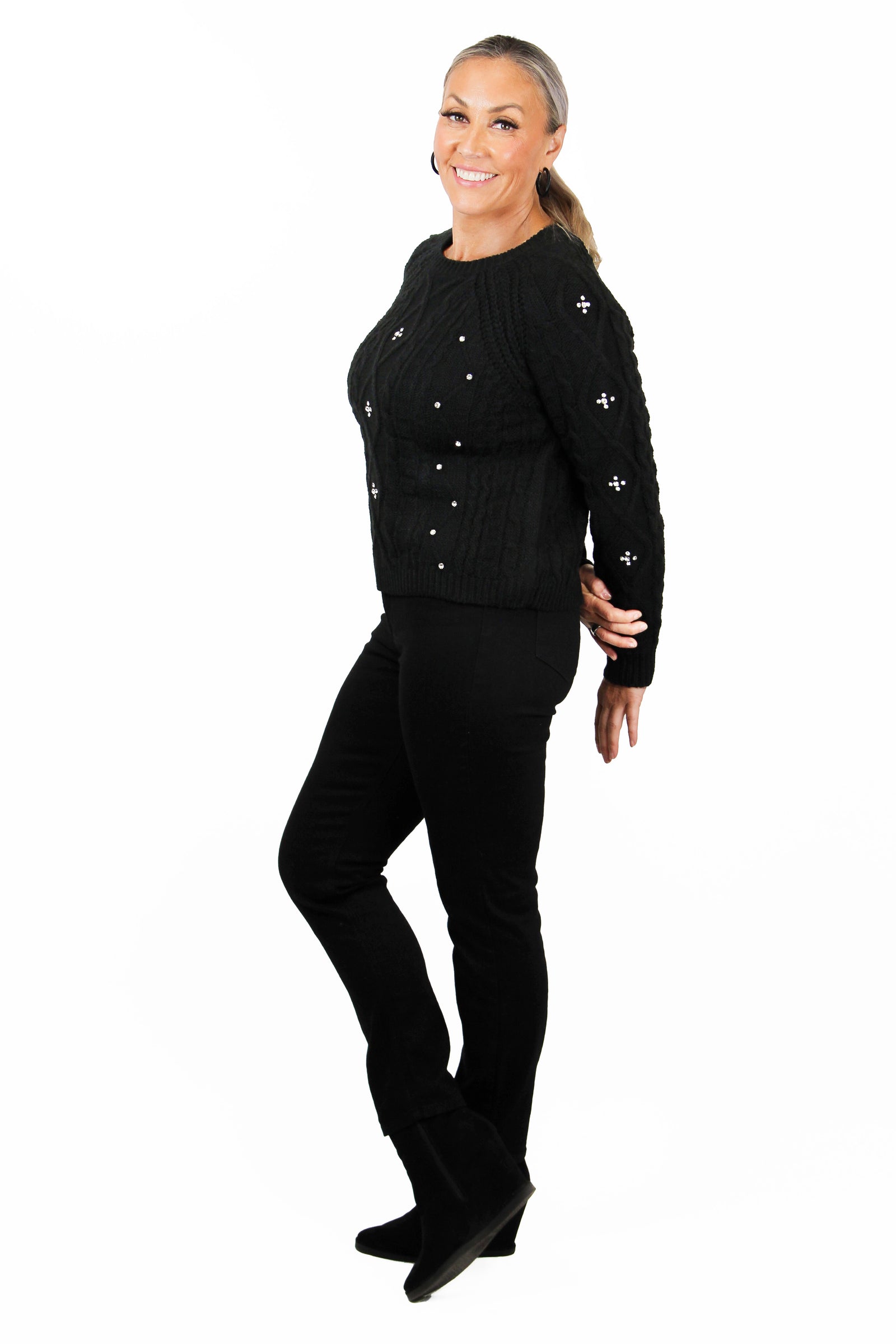 Long Sleeve Cable Knit Sweater w/ Rhinestone Detail