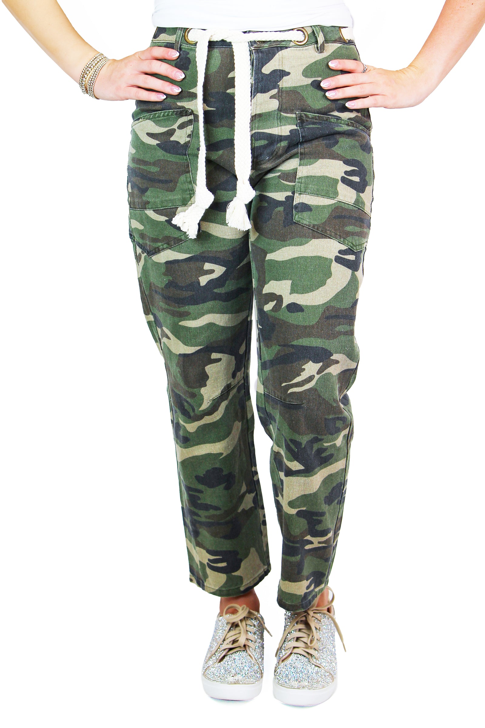 Camo Jeans w/ Waist Eyelets & Woven Belt