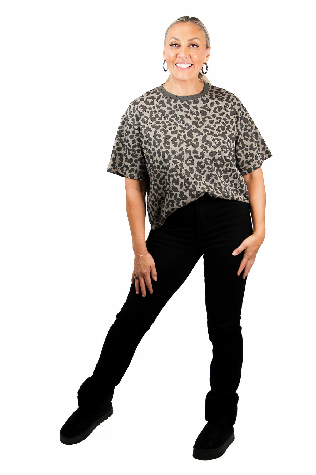 Leopard Print Black Studded Oversized T-Shirt