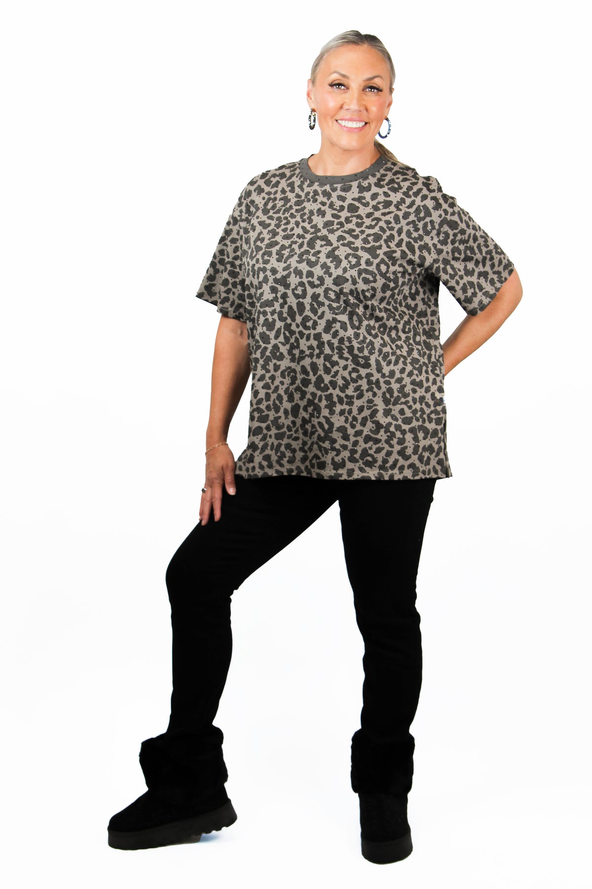 Leopard Print Black Studded Oversized T-Shirt