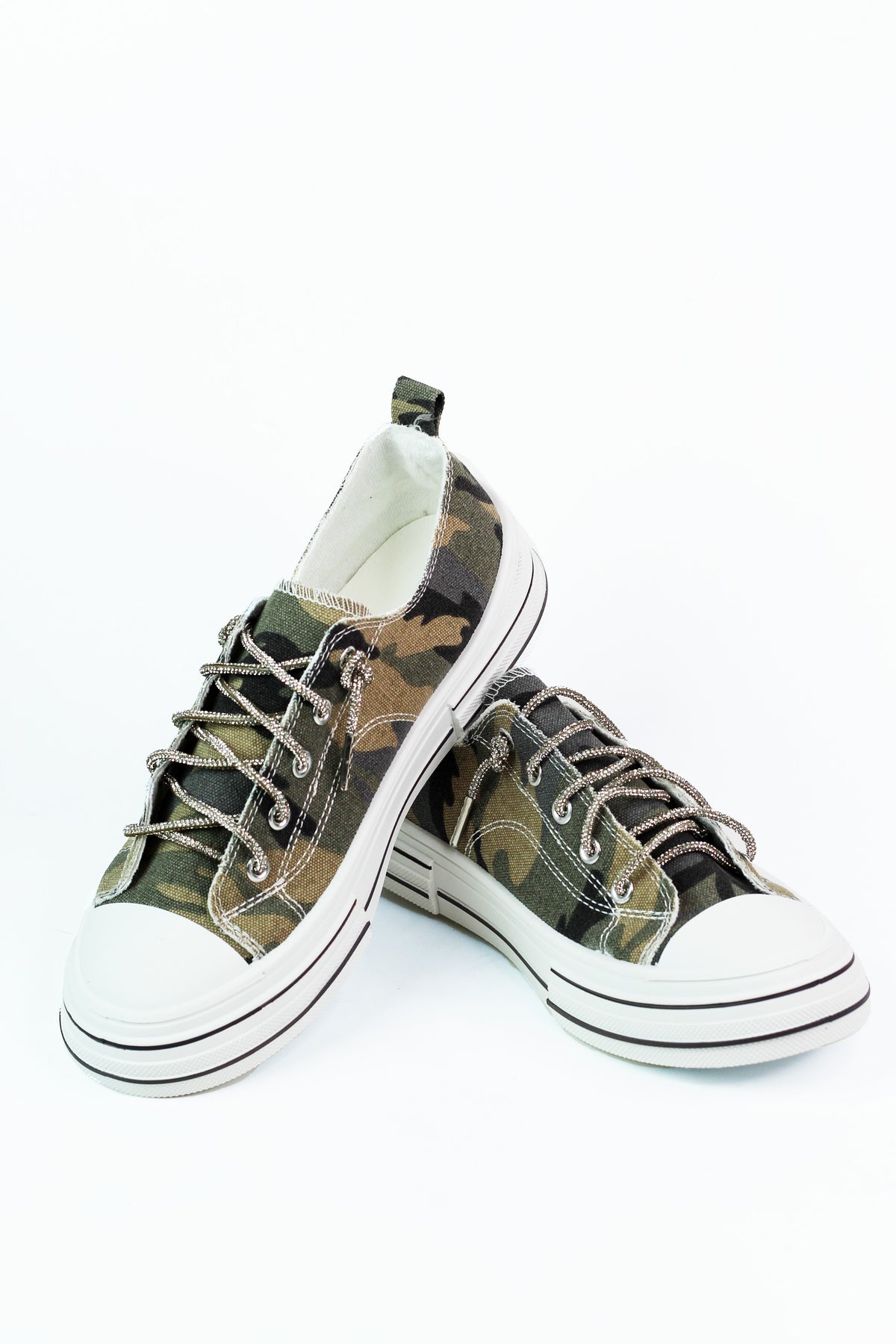 Camouflage Striped Sole Rhinestone Laced Sneaker