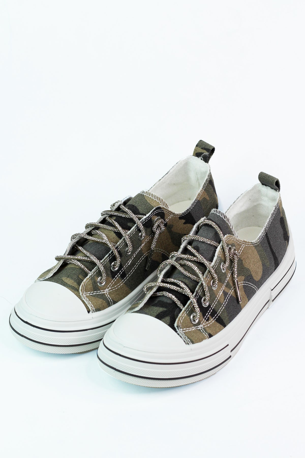 Camouflage Striped Sole Rhinestone Laced Sneaker