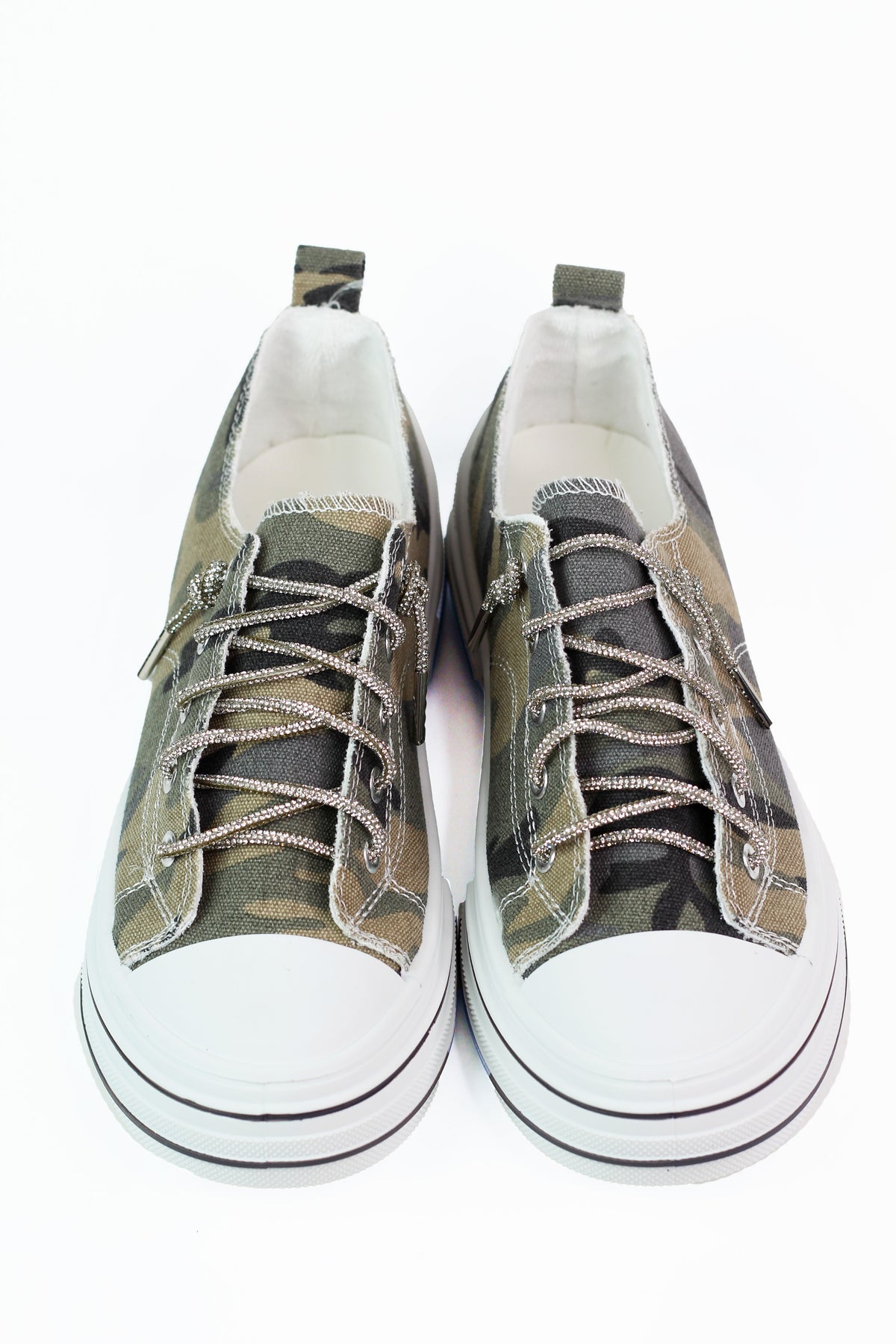 Camouflage Striped Sole Rhinestone Laced Sneaker