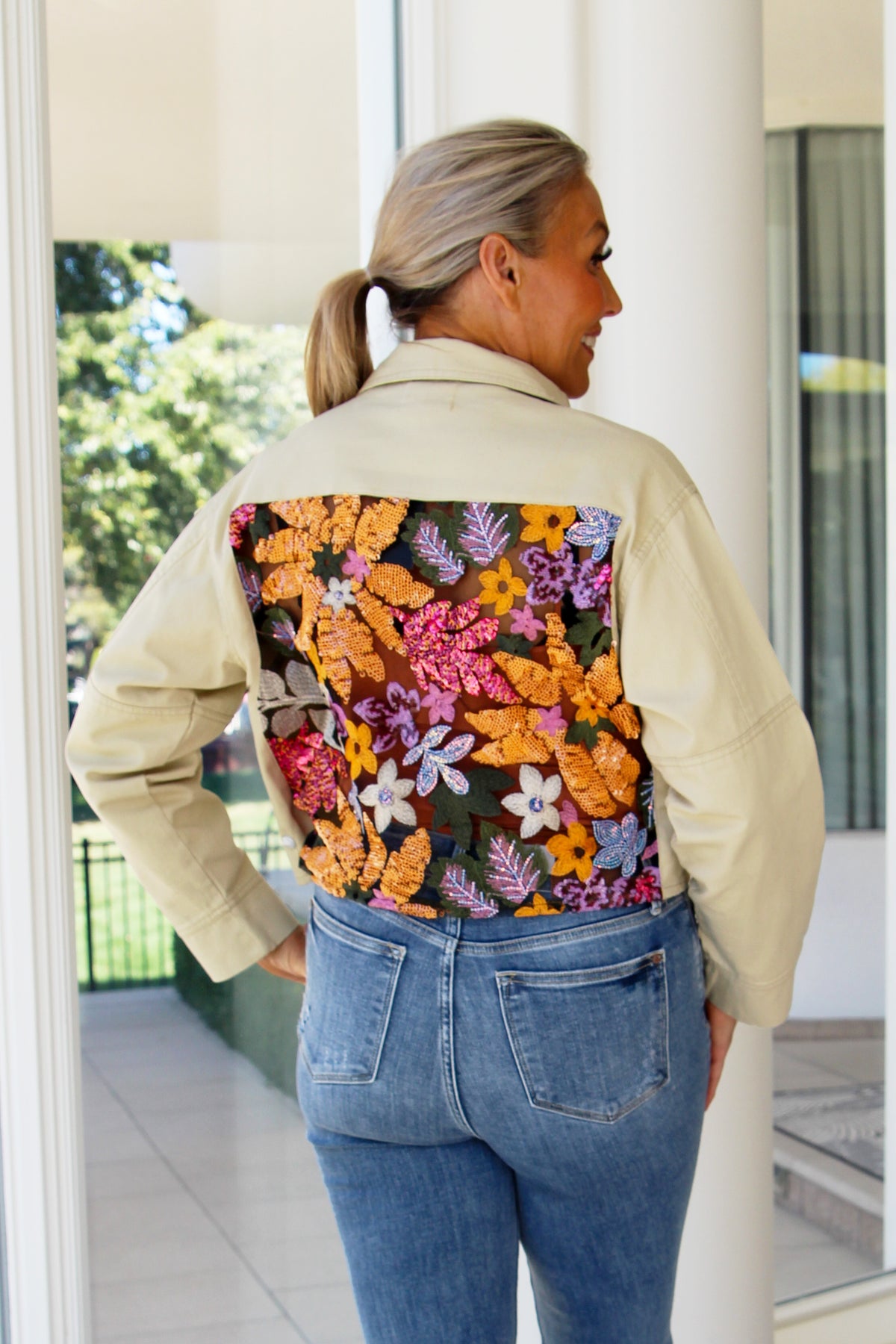 Cropped Twill Jacket w/ Floral Sequin Mesh Back & Pocket Accents