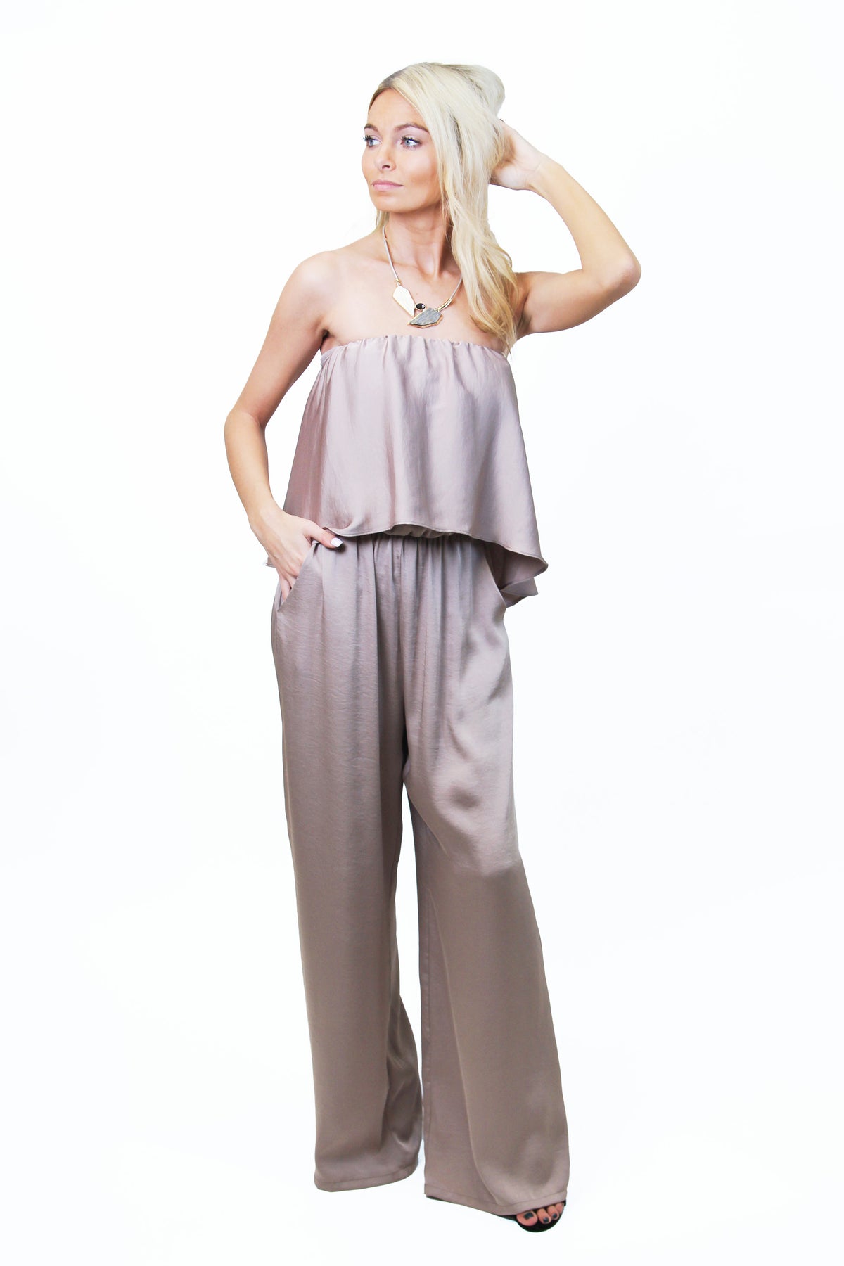 Cascading Strapless Beige Jumpsuit (SALE)