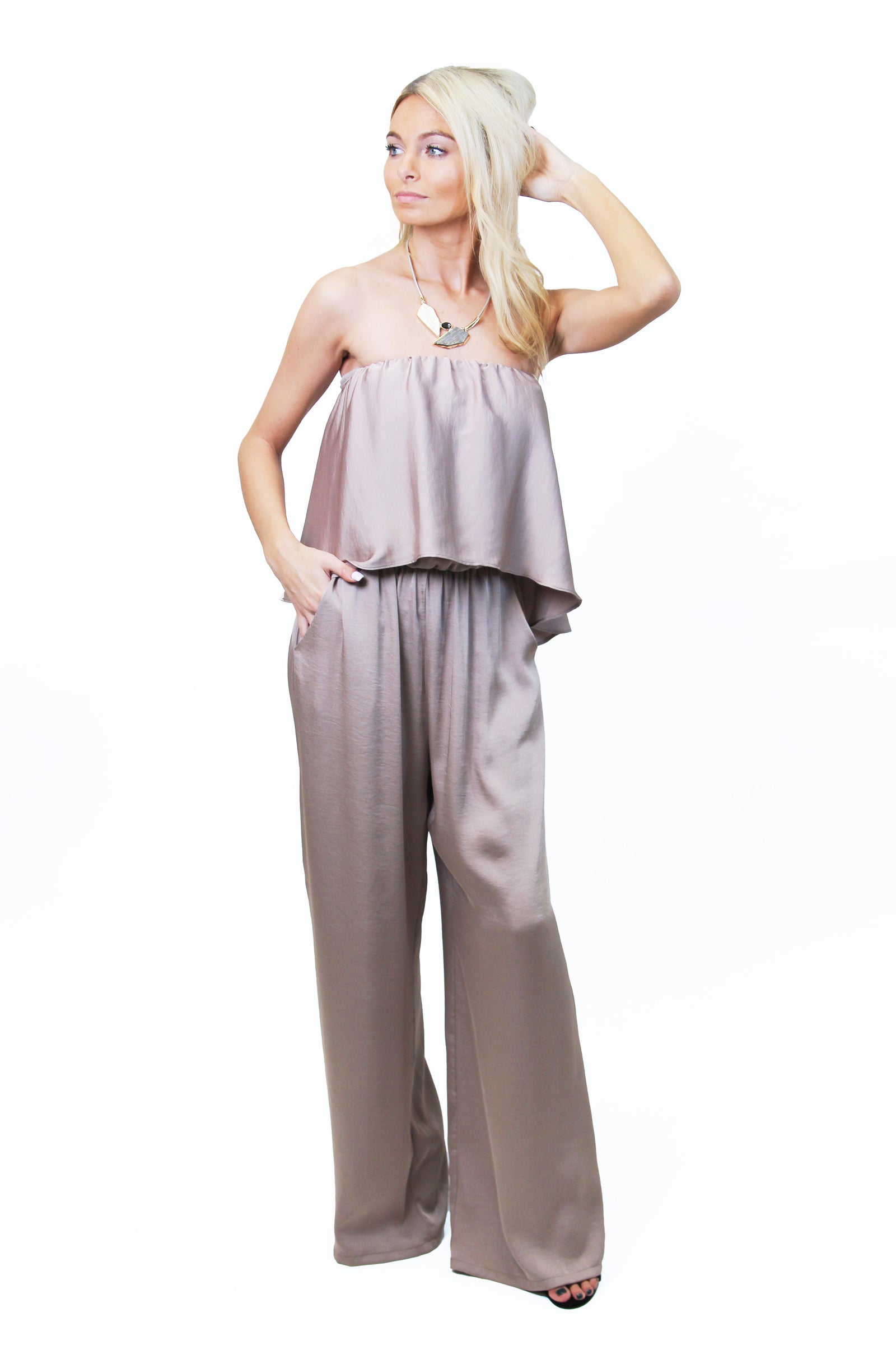 Cascading Strapless Beige Jumpsuit (SALE)