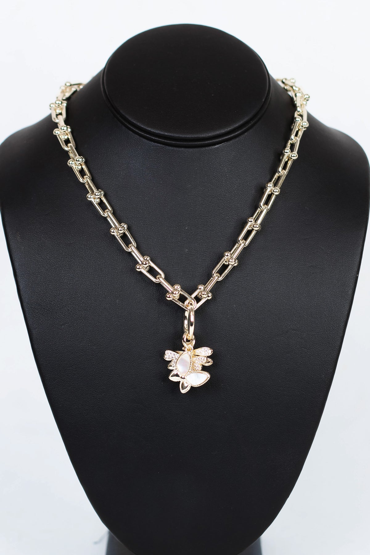 Ball Link Chain Necklace w/ Pave Dragonfly Butterfly &amp; Bumble Bee Charms