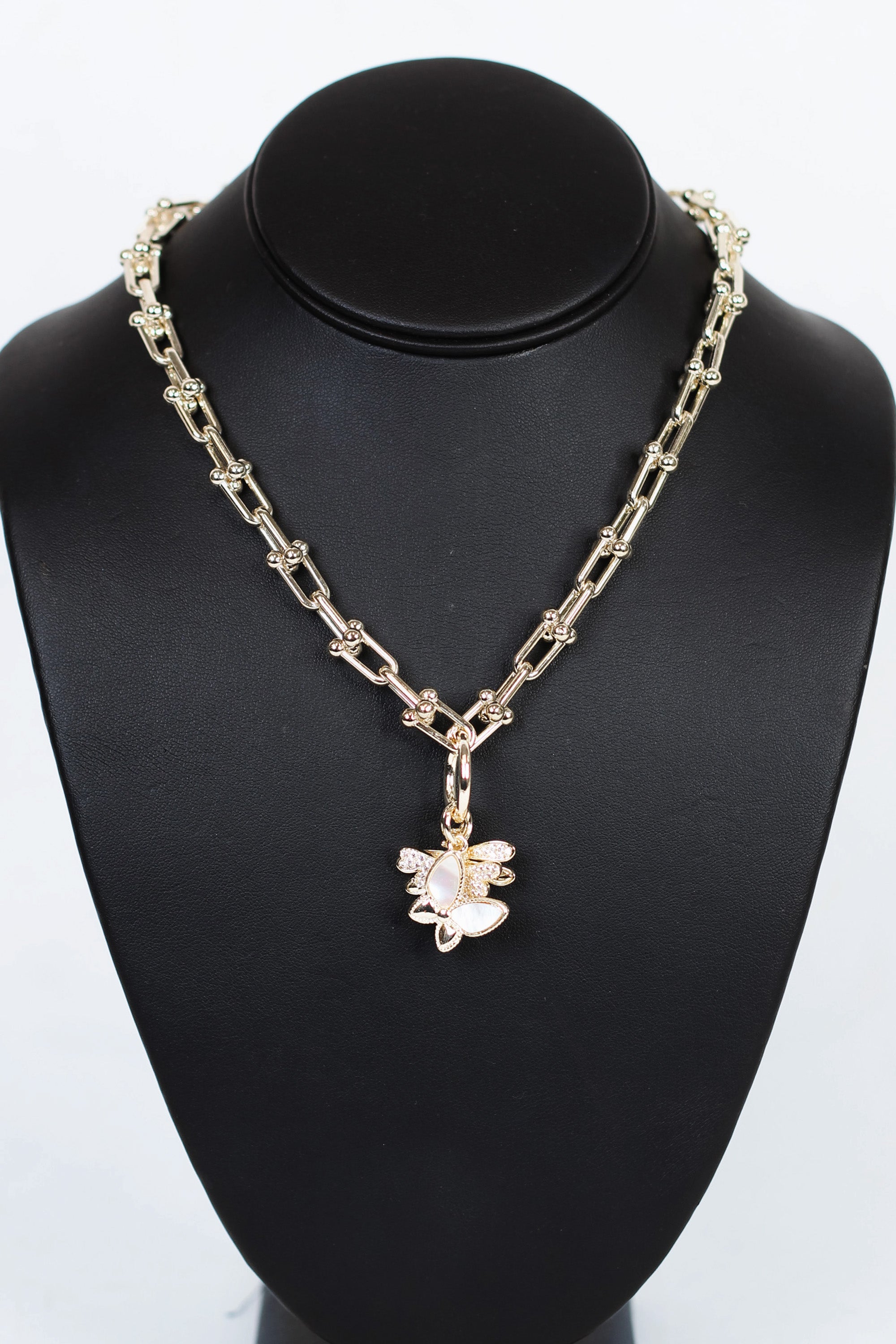 Ball Link Chain Necklace w/ Pave Dragonfly Butterfly & Bumble Bee Charms