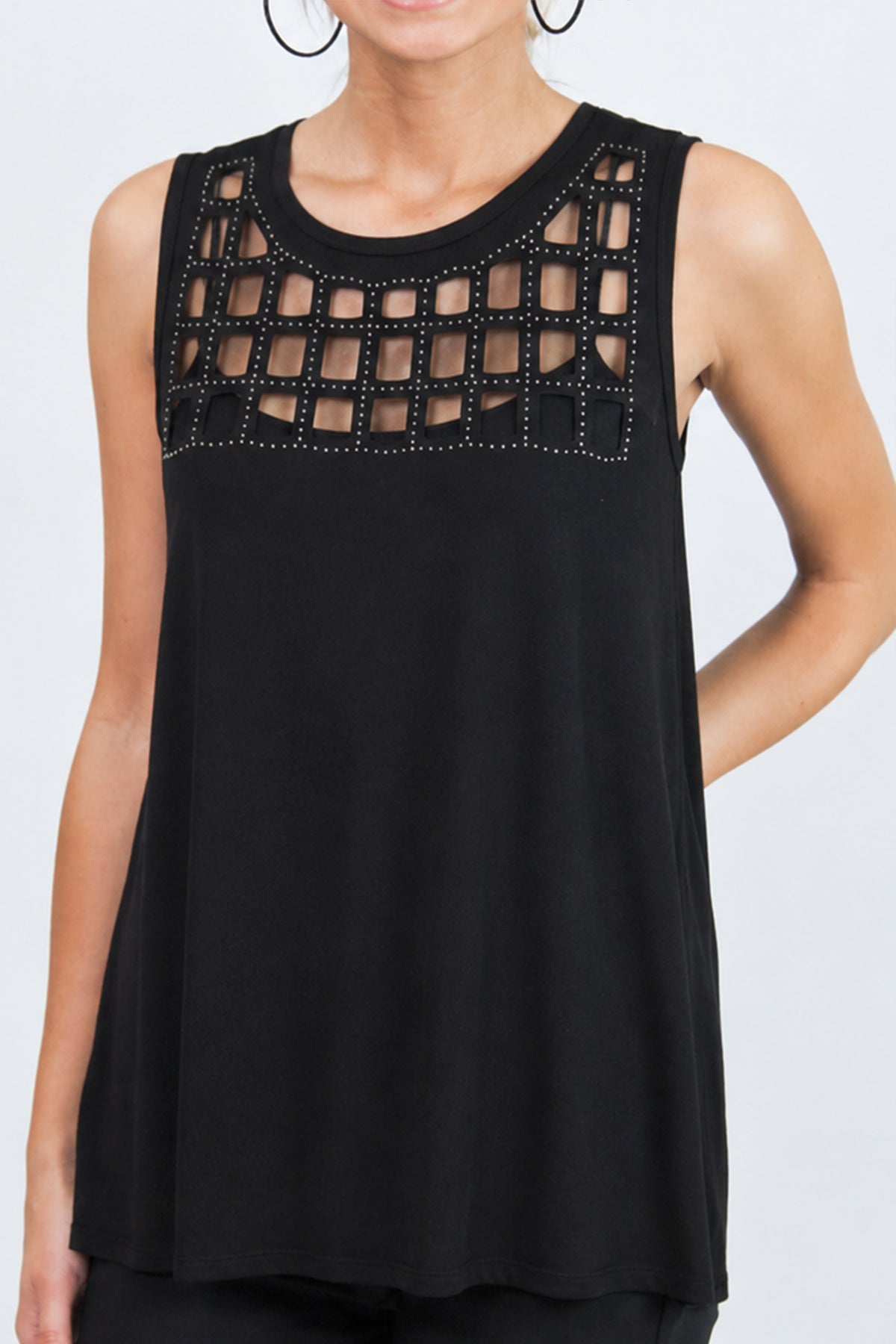 Crew Neck Cutout Rhinestone Embellishment Sleeveless Knit Top