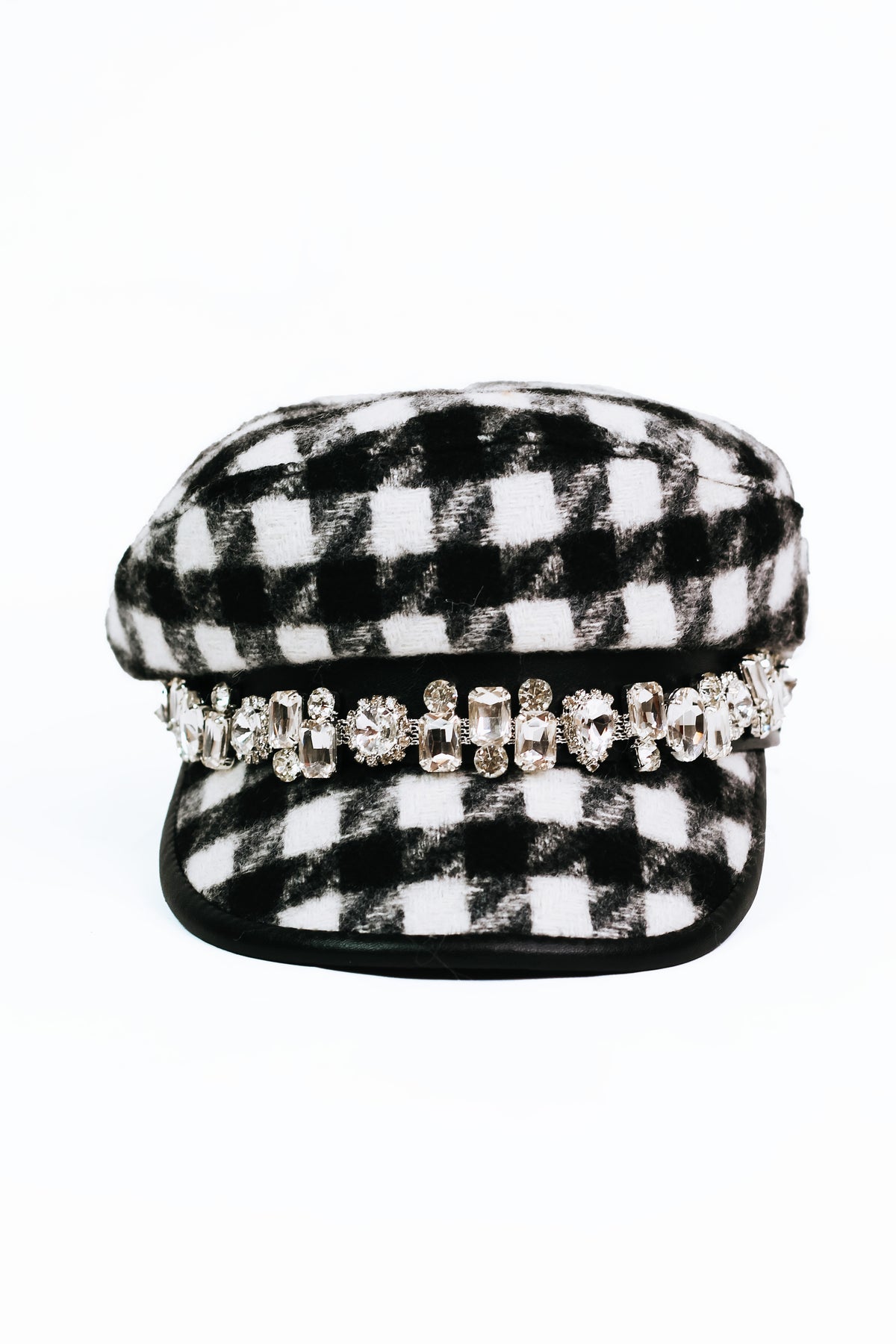 Houndstooth Check Winter Cap w/ Rhinestone Trim