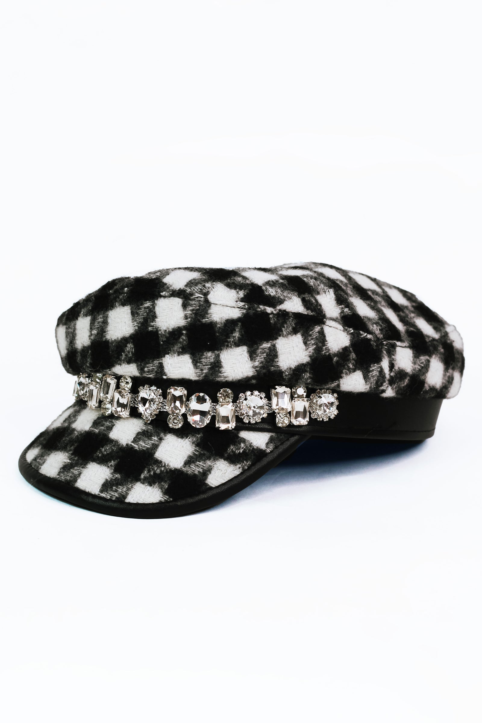 Houndstooth Check Winter Cap w/ Rhinestone Trim
