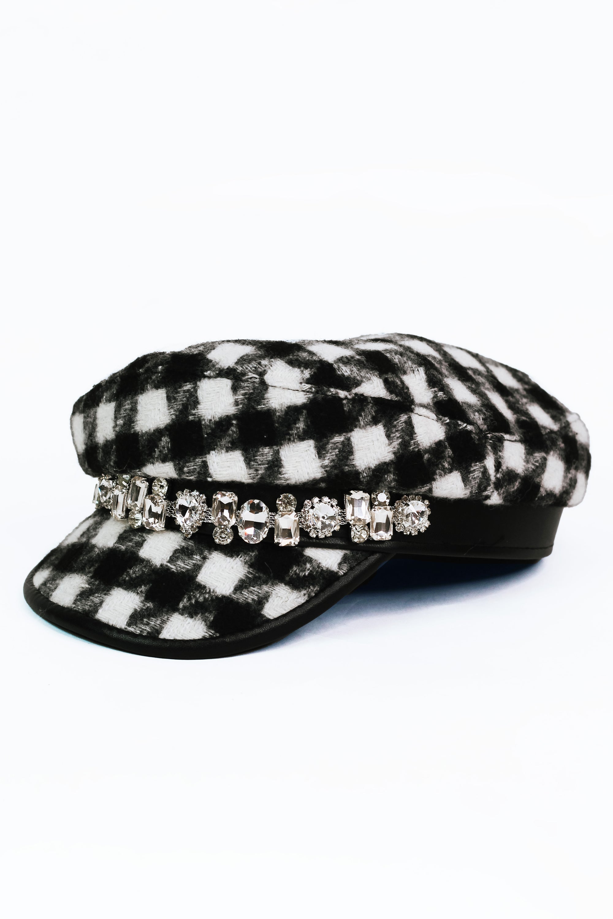 Houndstooth Check Winter Cap w/ Rhinestone Trim